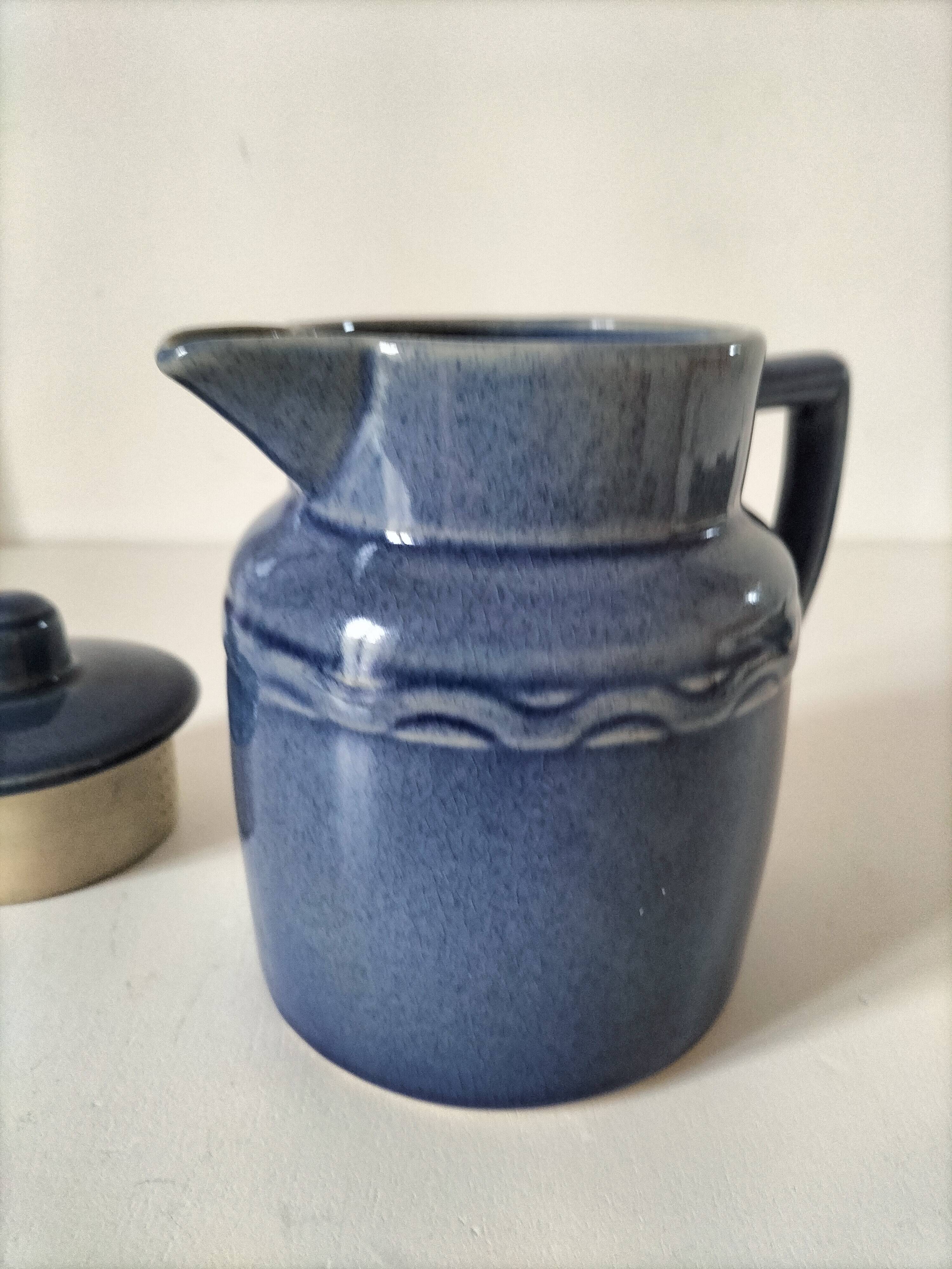 Blue speckled stoneware jug with integrated filter