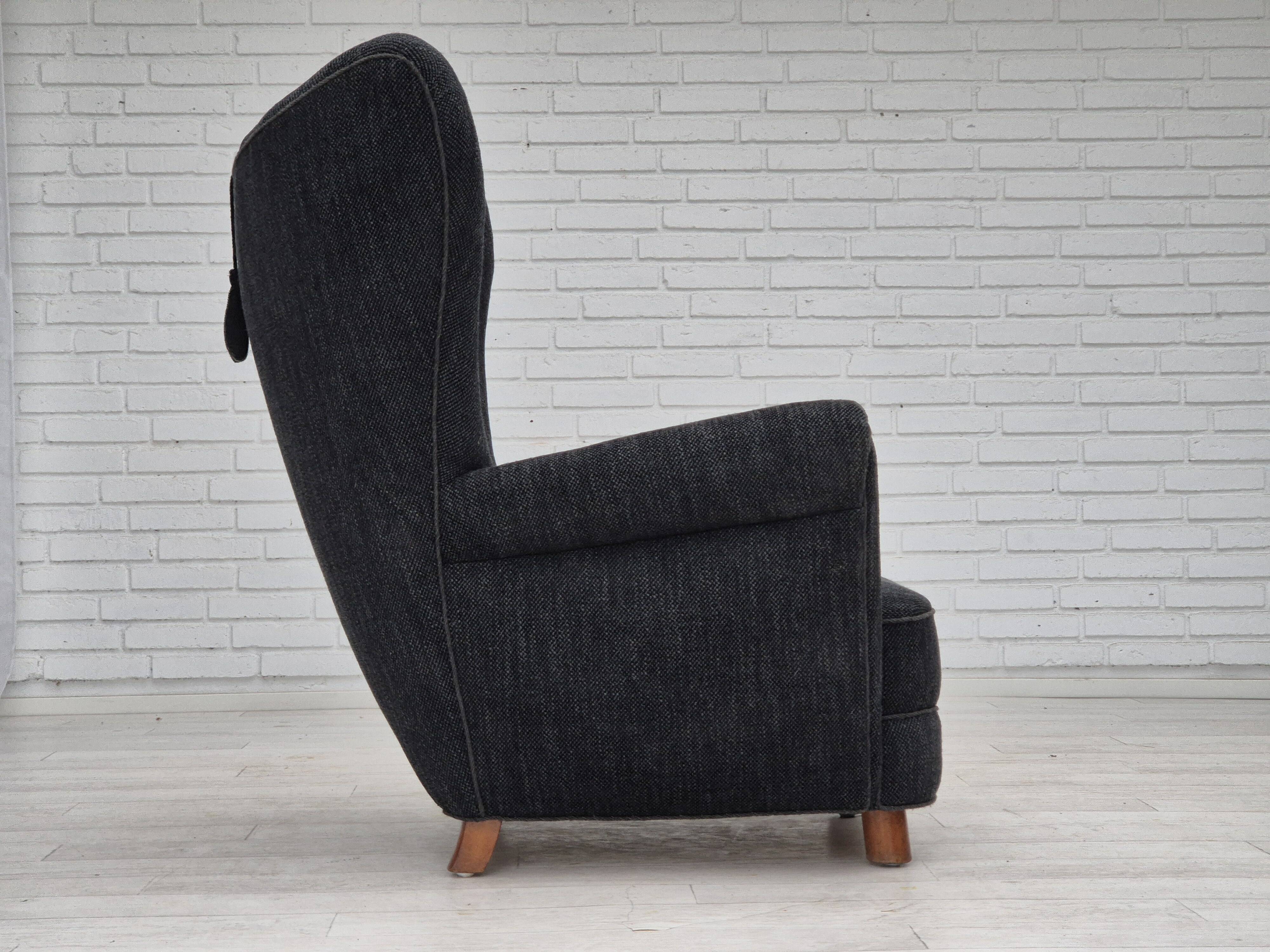 1960s, Danish relax armchair, reupholstered, gray furniture fabric..