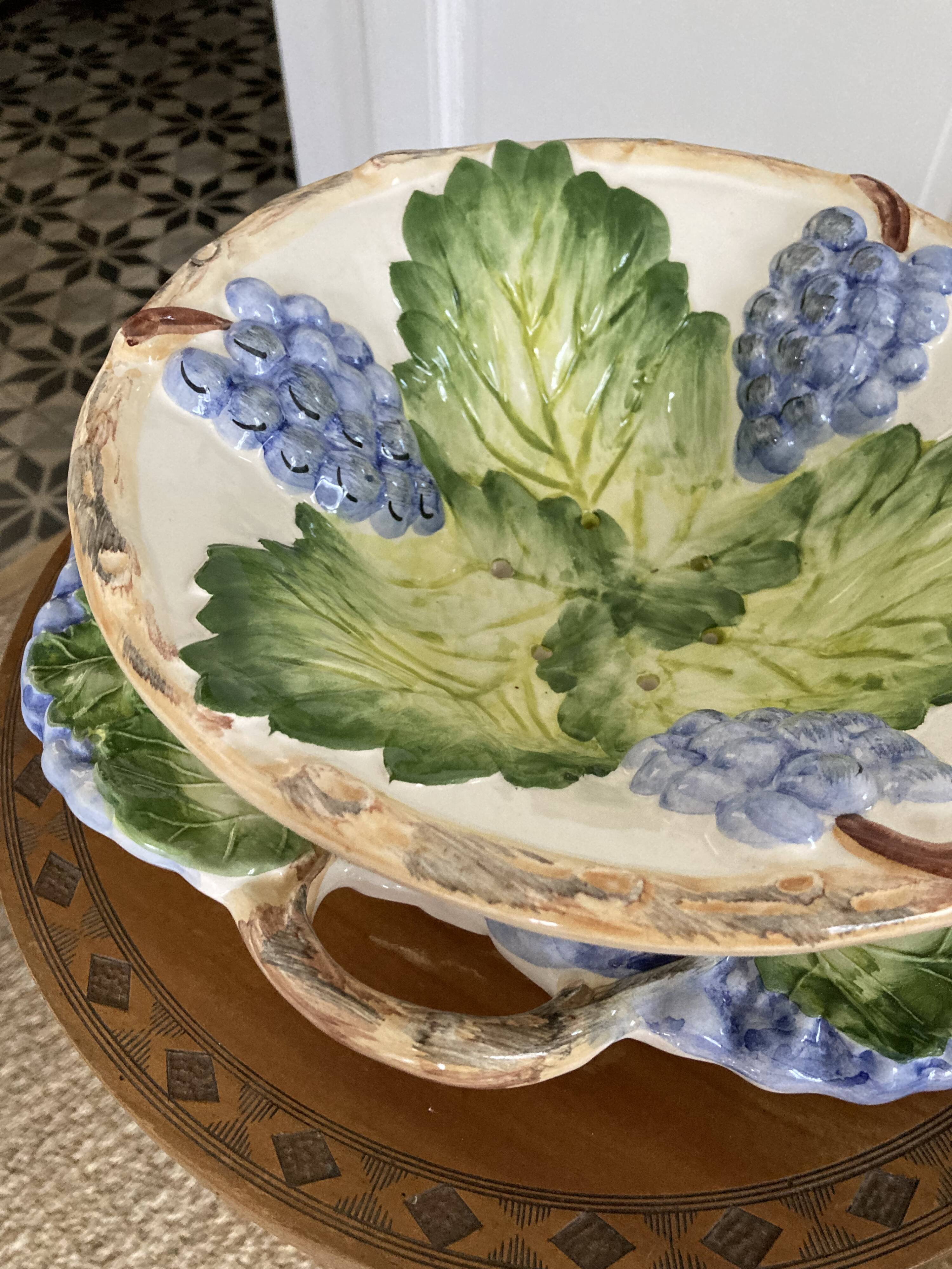 Grape slip compotier with plate - vintage majolica style ceramic drainer