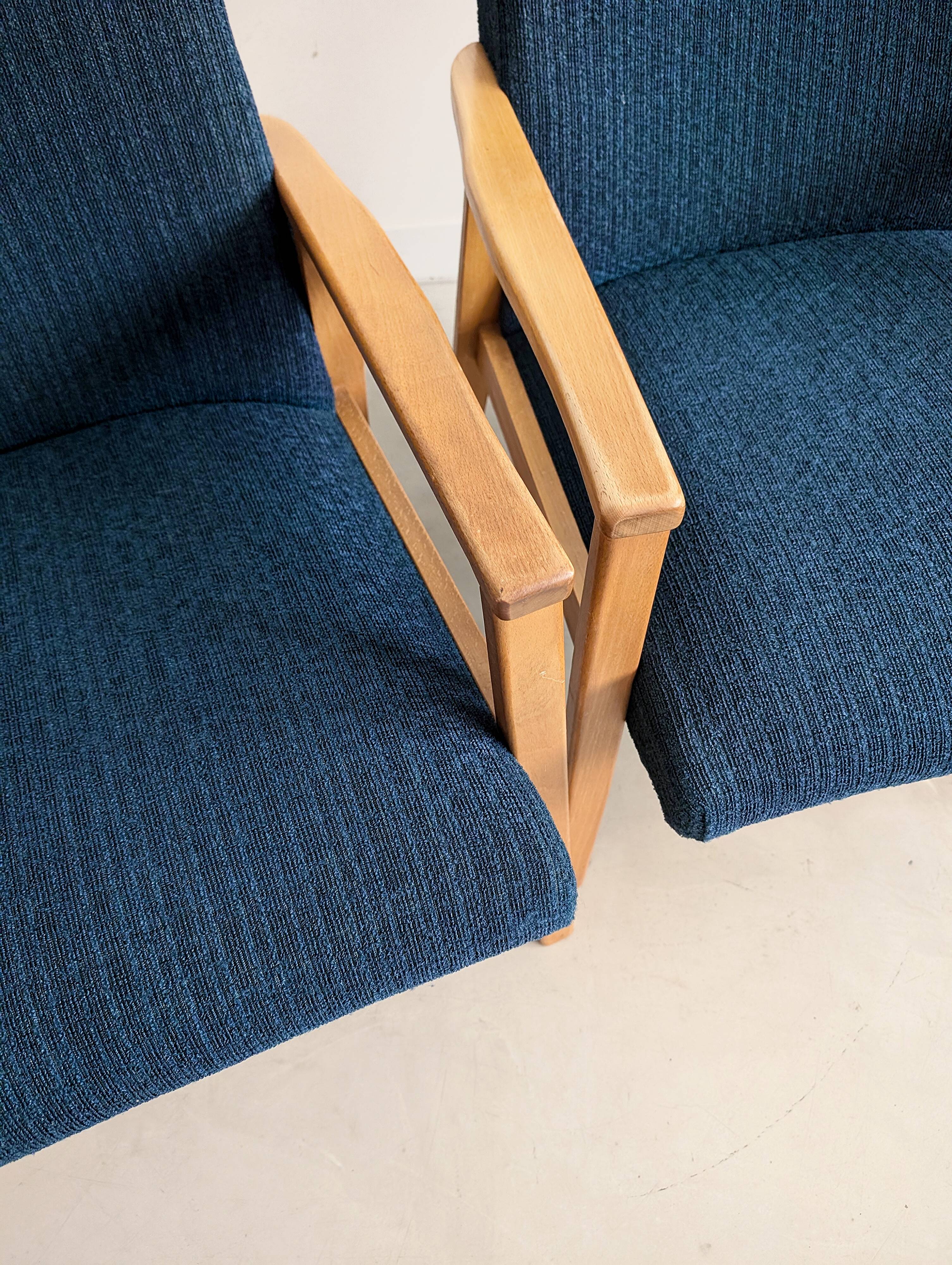 2 blue fabric armchairs, 1970s