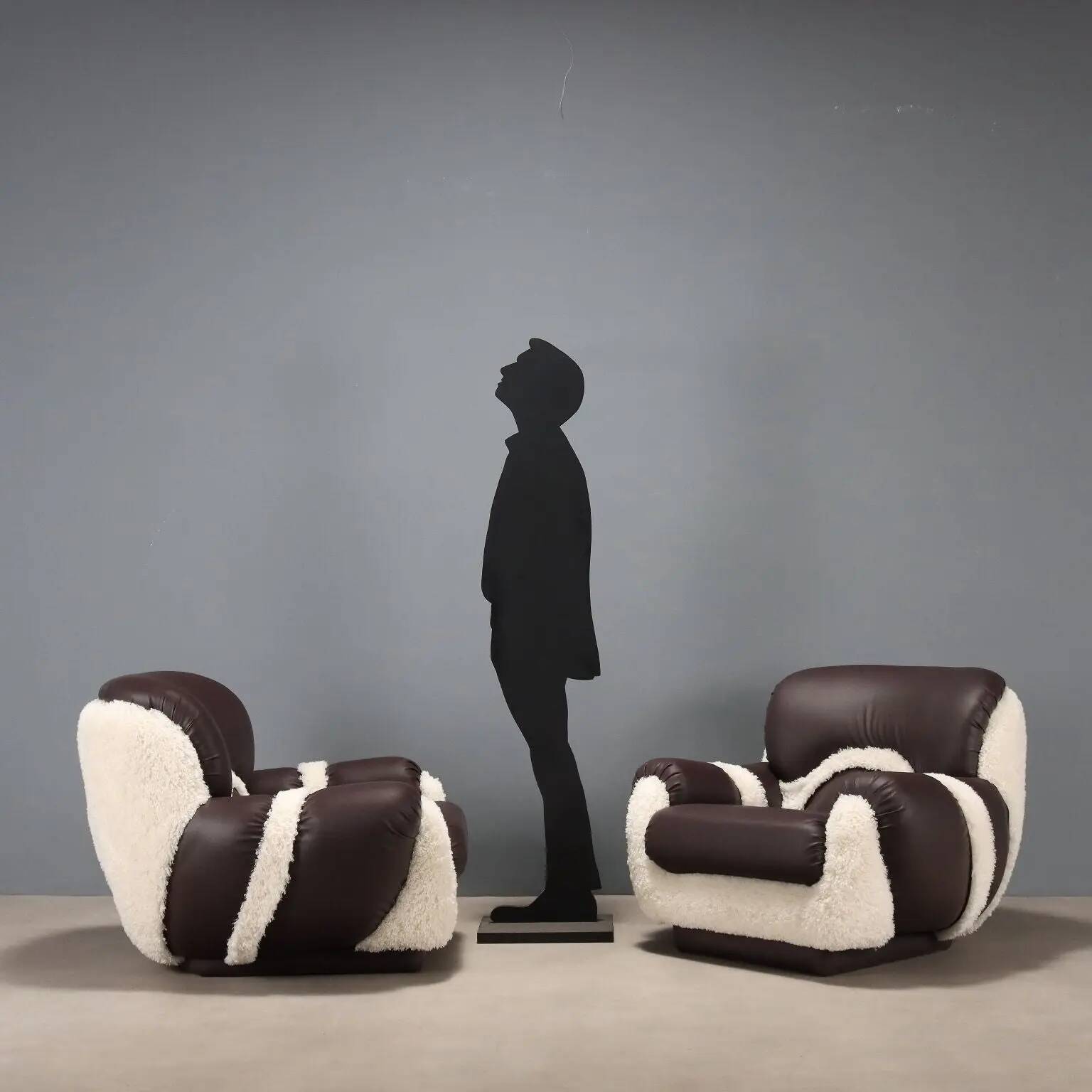 Pair of vintage armchairs in faux leather, foam, design, Italy, 1970s