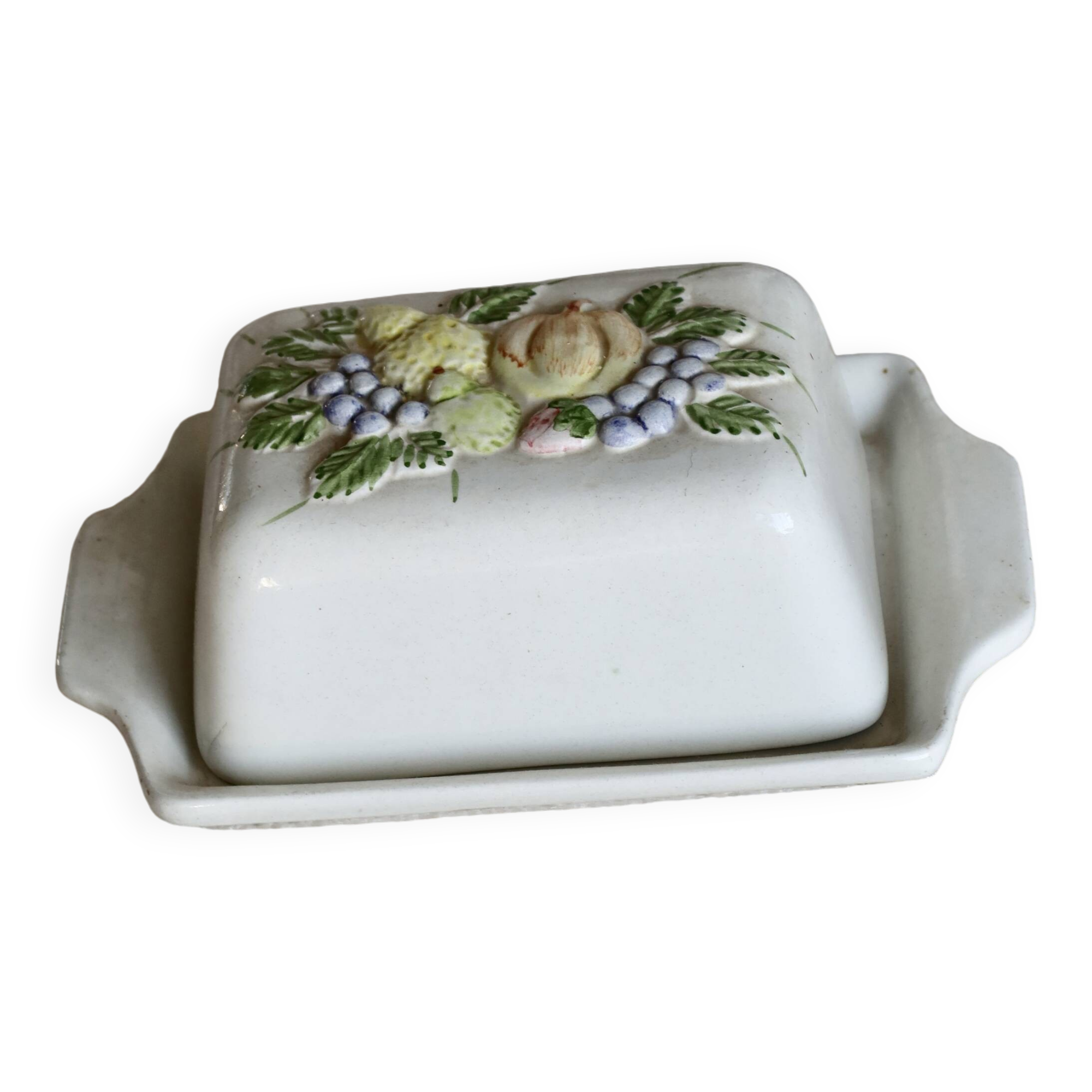 Large vintage earthenware and slip butter dish with fruit motif