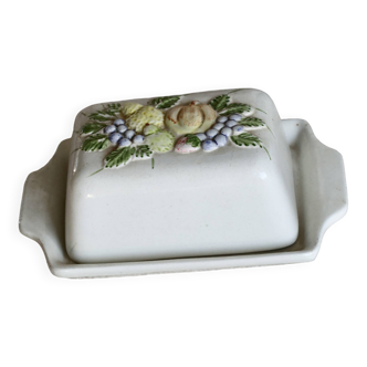 Grand beurrier vintage faïence et barbotine motif fruits