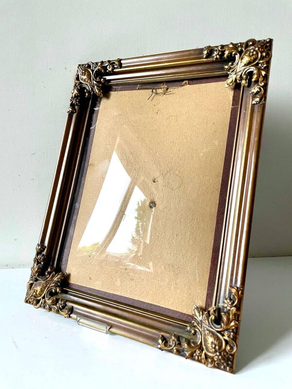 Cadre en métal vintage cooper & doré 27,5 cm x 21,5 cm verre convexe