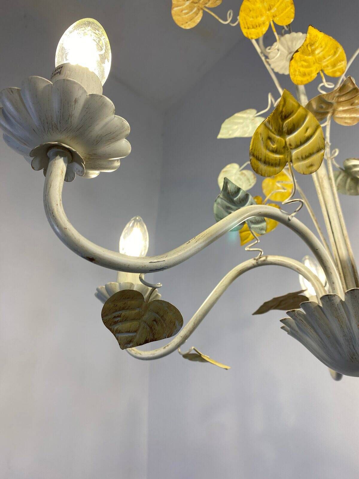 Vintage painted metal chandelier, foliage and flowers, 5 lights.