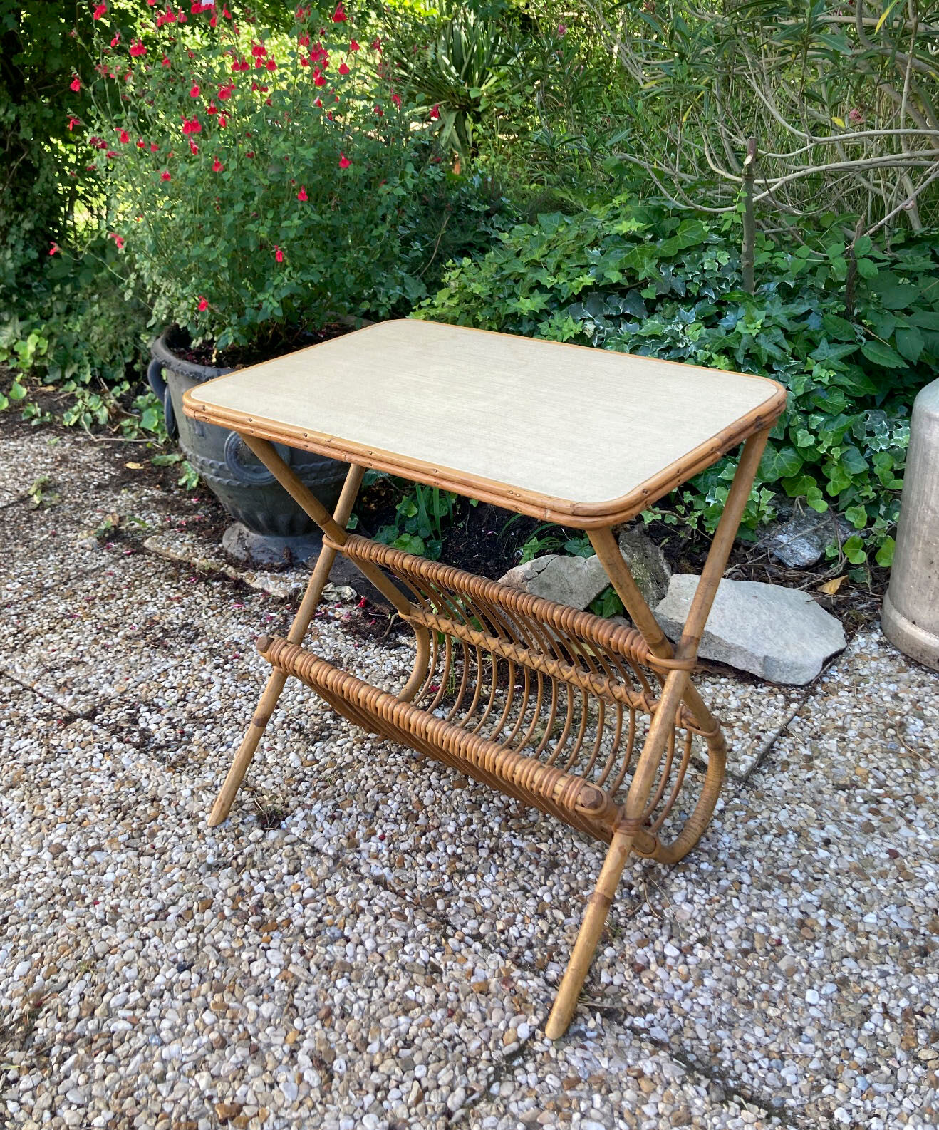 Vintage rattan magazine holder table