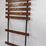 Wall coat rack by Carl Aubock with 5 brass hooks, walnut, iron, Austria, 1950s.