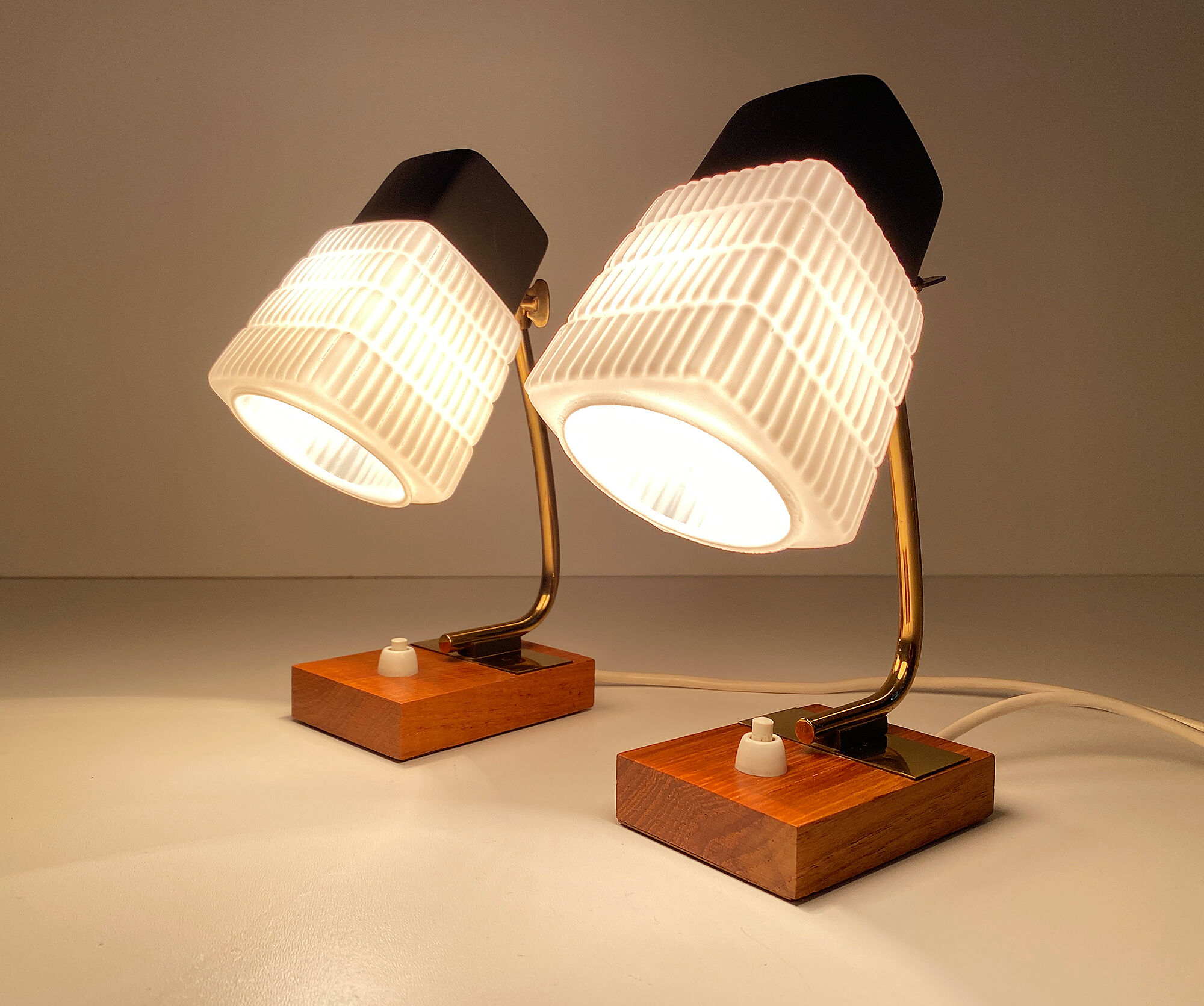 Pair of vintage Scandinavian lamps, teak and glass, 60s