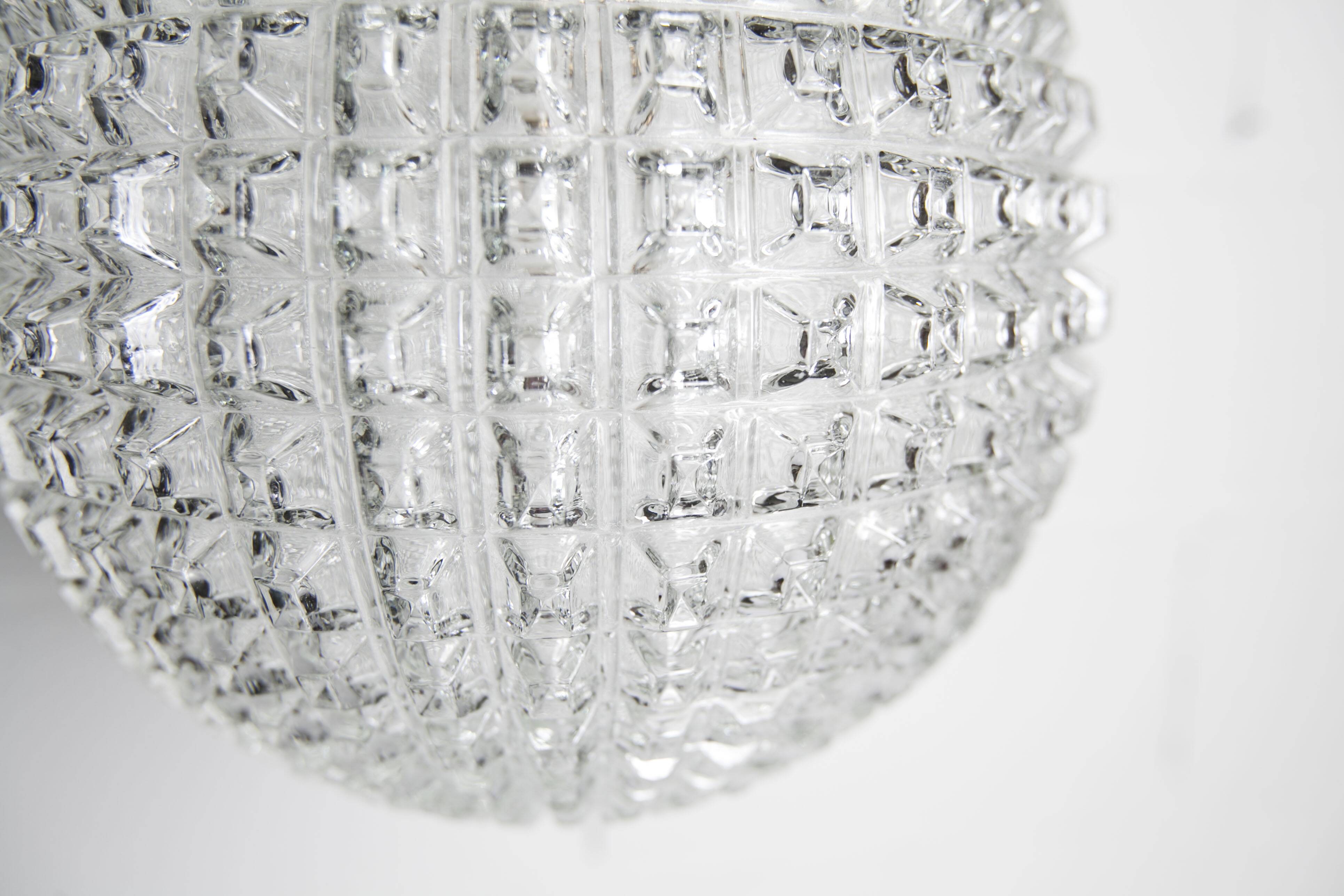 1960s Holophane Ball Pendant Chandelier, Thick Glass, 30 cm, and Vintage Brass