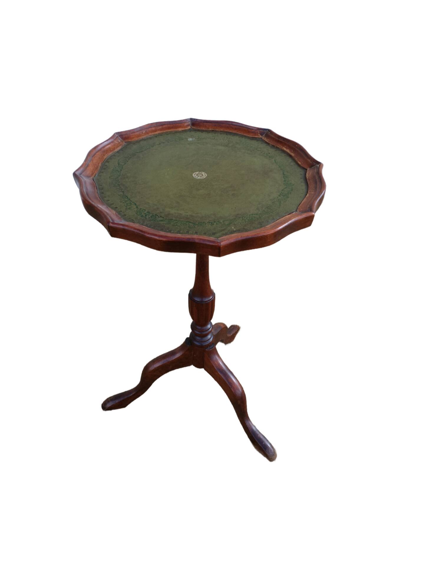 Table d’appoint à vin, guéridon ancien en bois et cuir vert