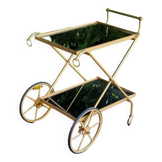 Rolling service in gilded metal and double glass trays of the 60s in neo-classical style