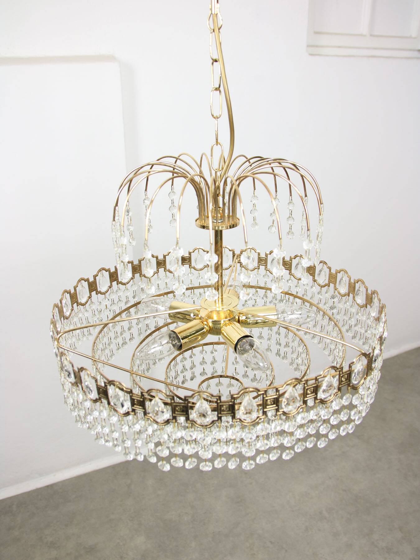 Vintage Italian Crystal and Golden Metal Chandelier, 80s