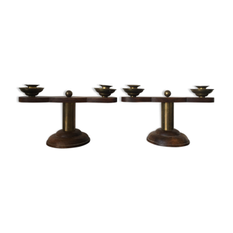 Pair of wooden and brass candlesticks