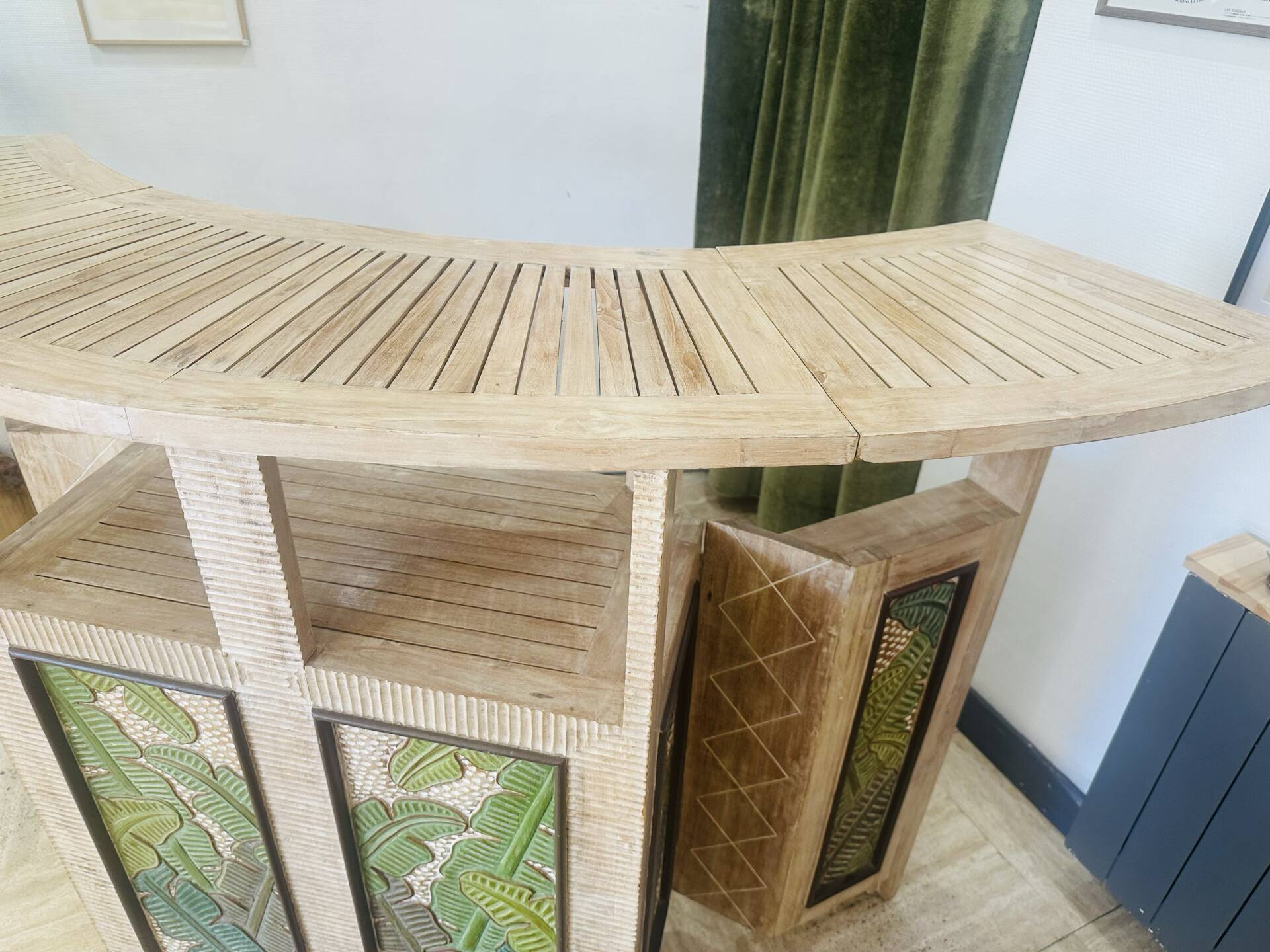 Vintage folding bar counter on wheels, wood.