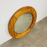Scandinavian round solid pine mirror by Glasmäster Markaryd, Sweden, 70's