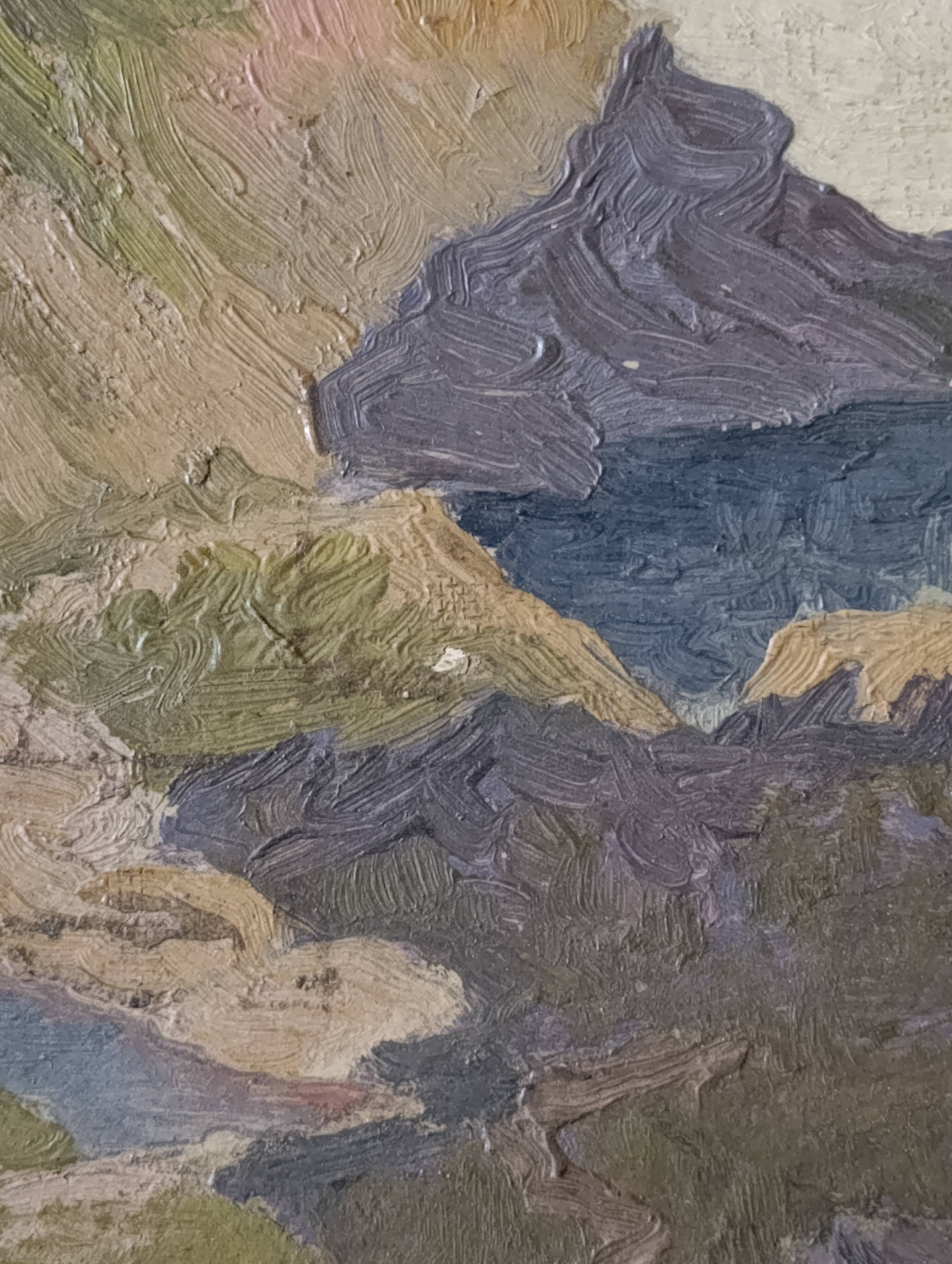 French vintage original oil painting on board, unsigned coastal mountain la