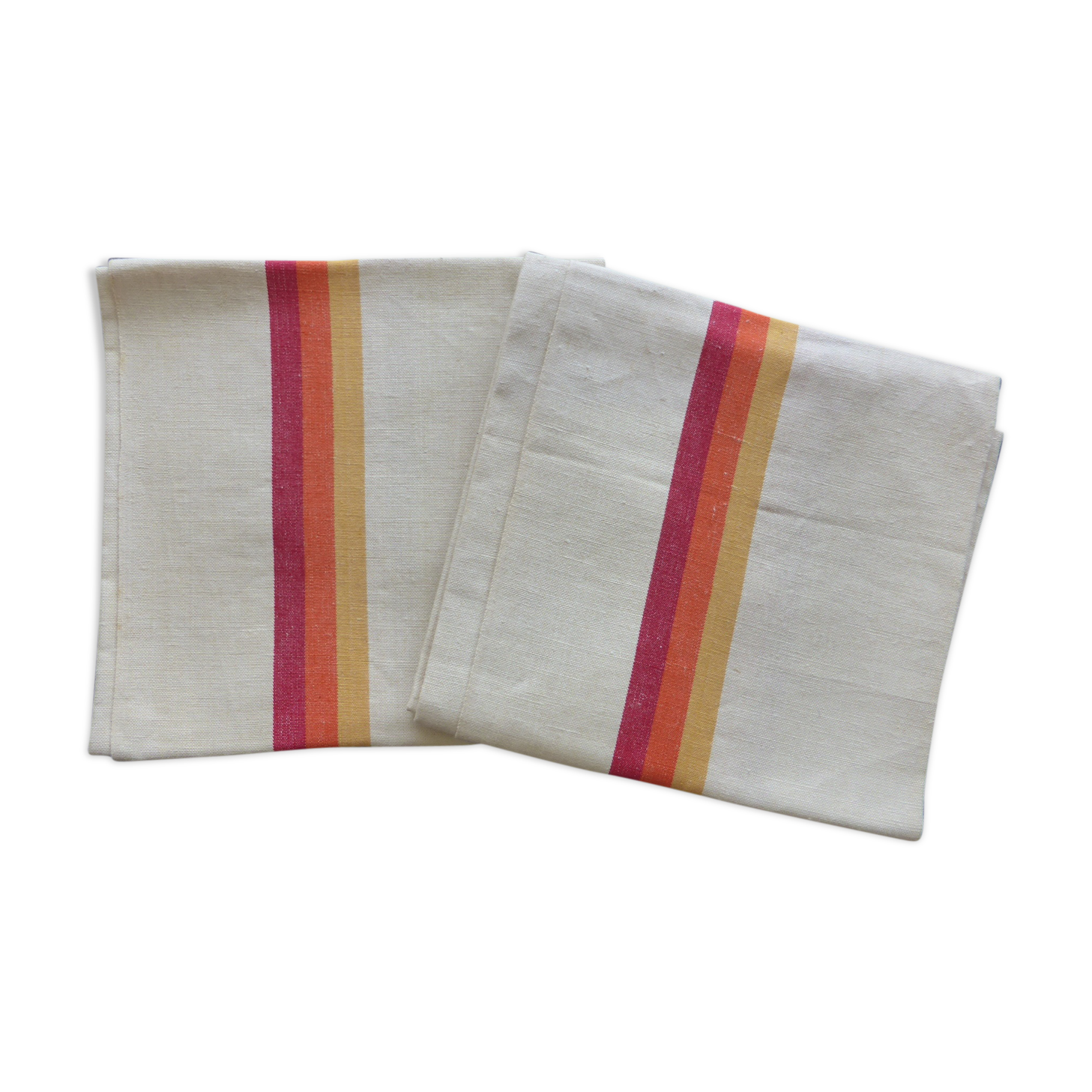 2 old linen towels with red bedding orange yellow-web pure linen quality blue flower