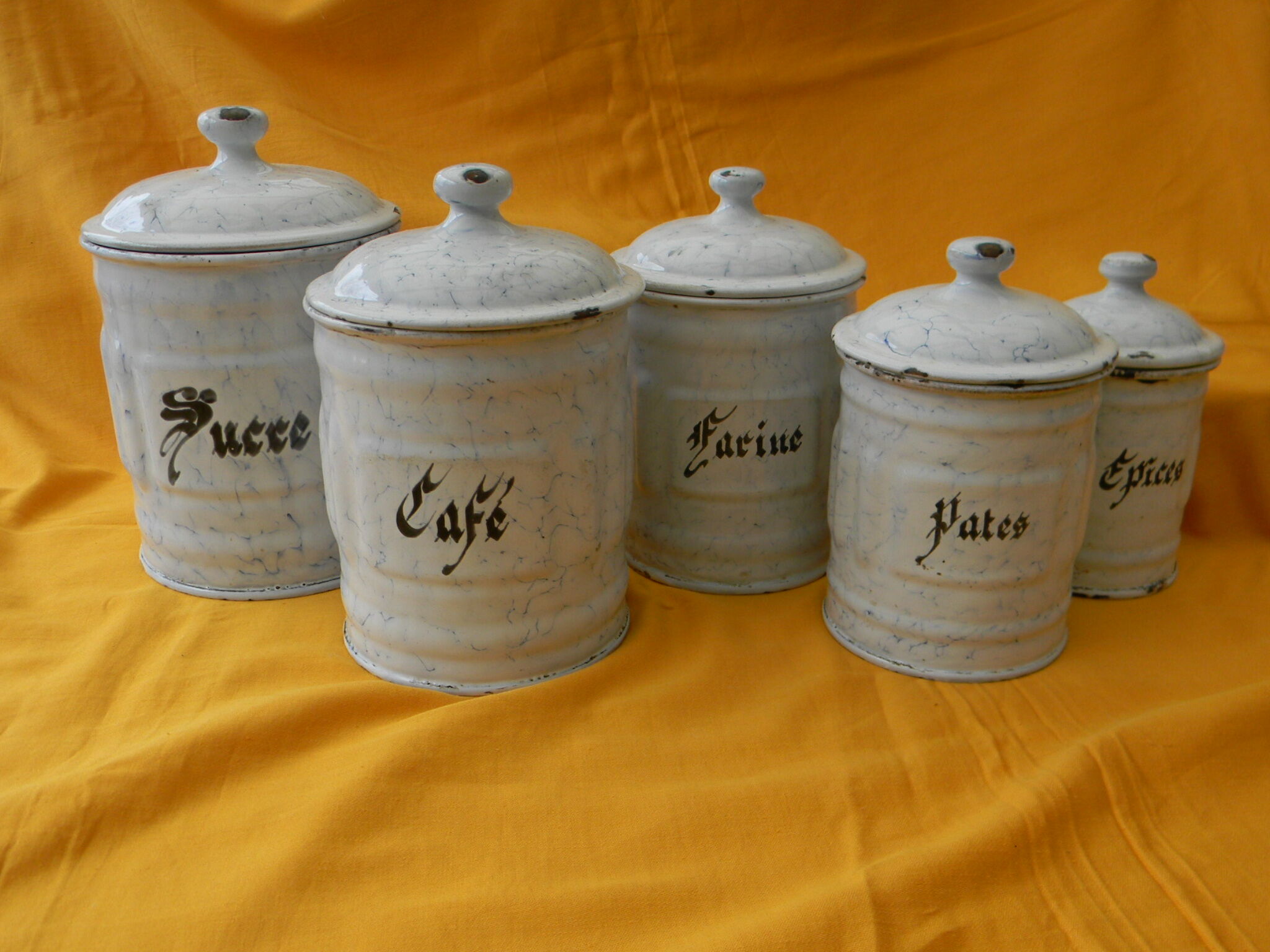Set of 5 enamelled iron spice jars