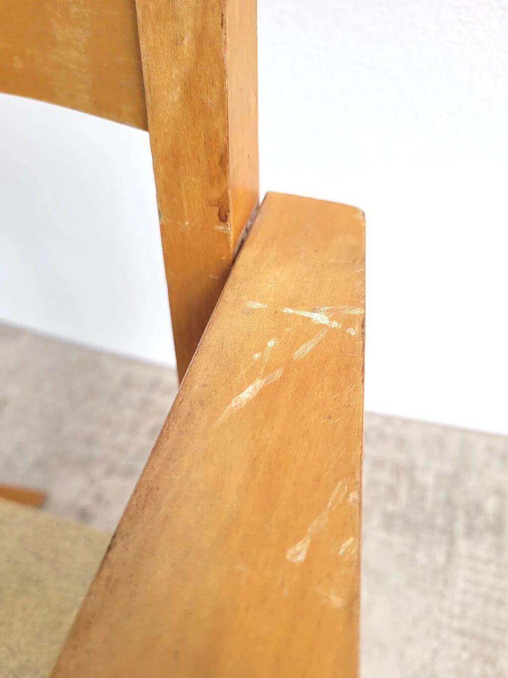 Vintage bridge armchair in beech and pale yellow faux leather from the 1960s.