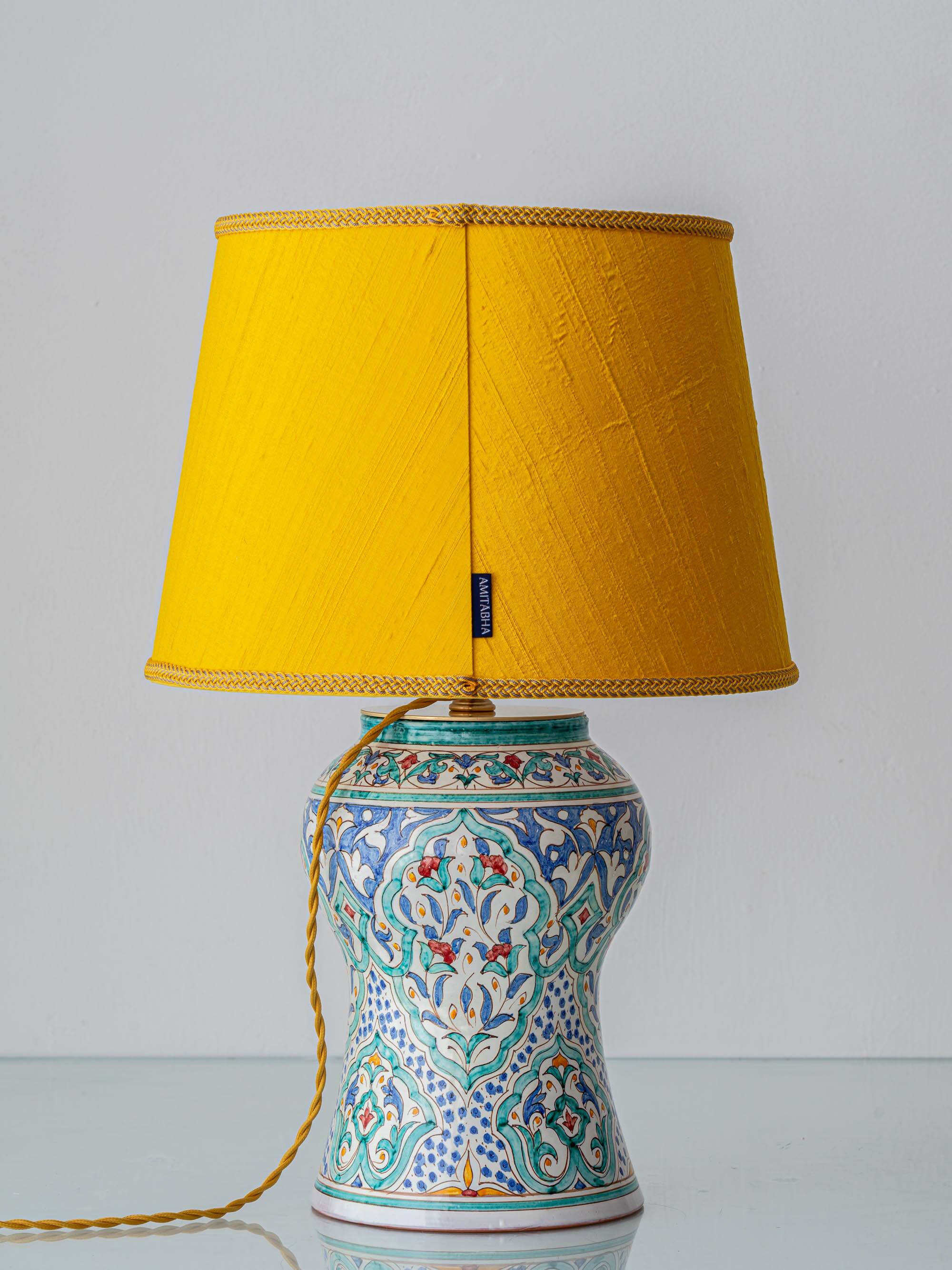 Mediterranean Table Lamp in Hand-Painted Spanish Ceramic, New Yellow Silk Shade