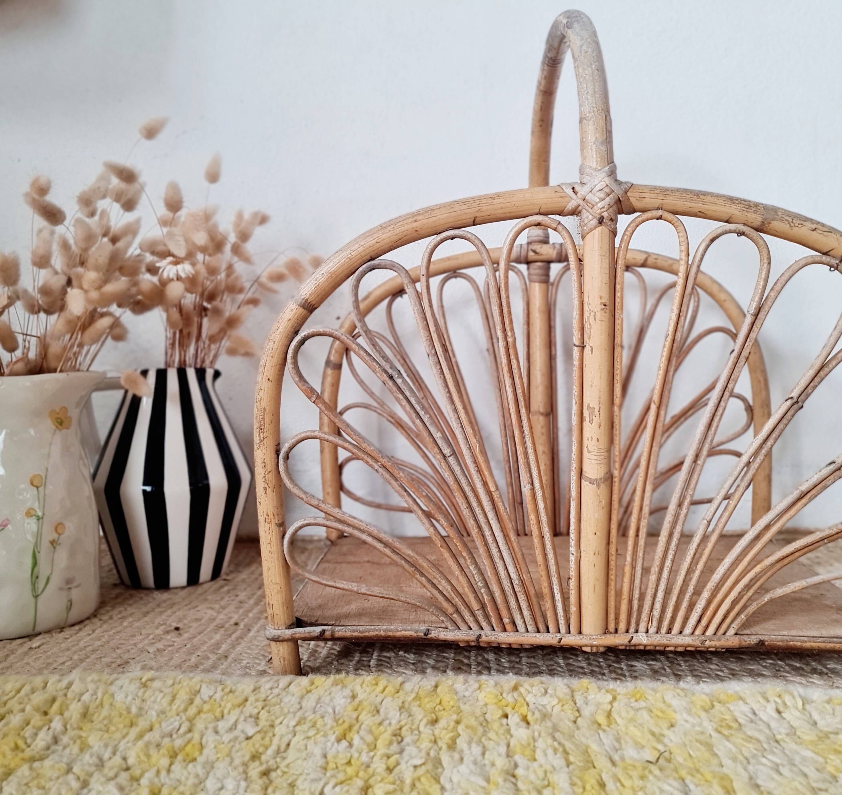 Magazine rack, vintage log holder in rattan