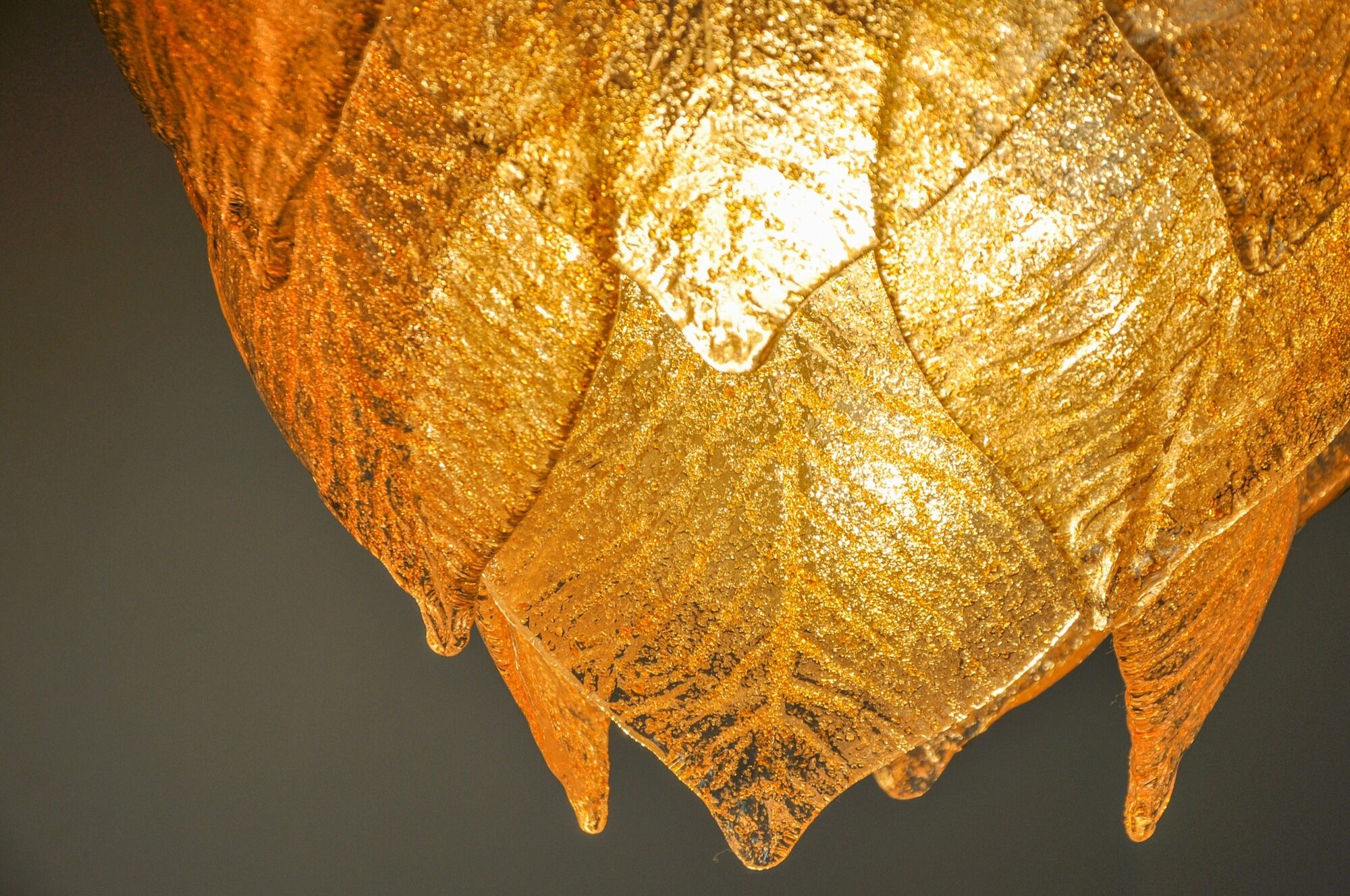 Chandelier leaves Murano Mazzega, gilded frosted glass, italy 1970