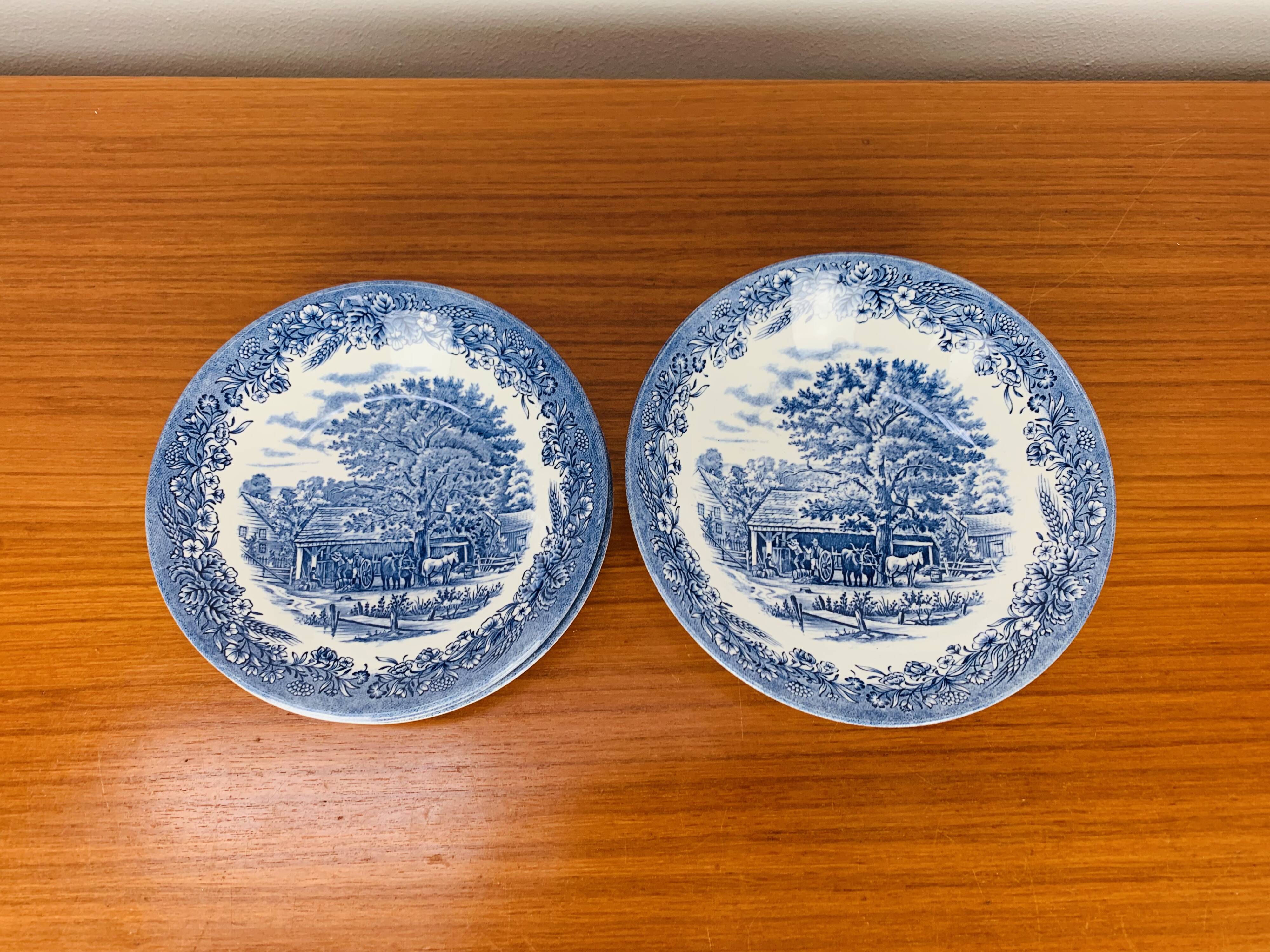 4 Churchill English ironstone soup plates, blue