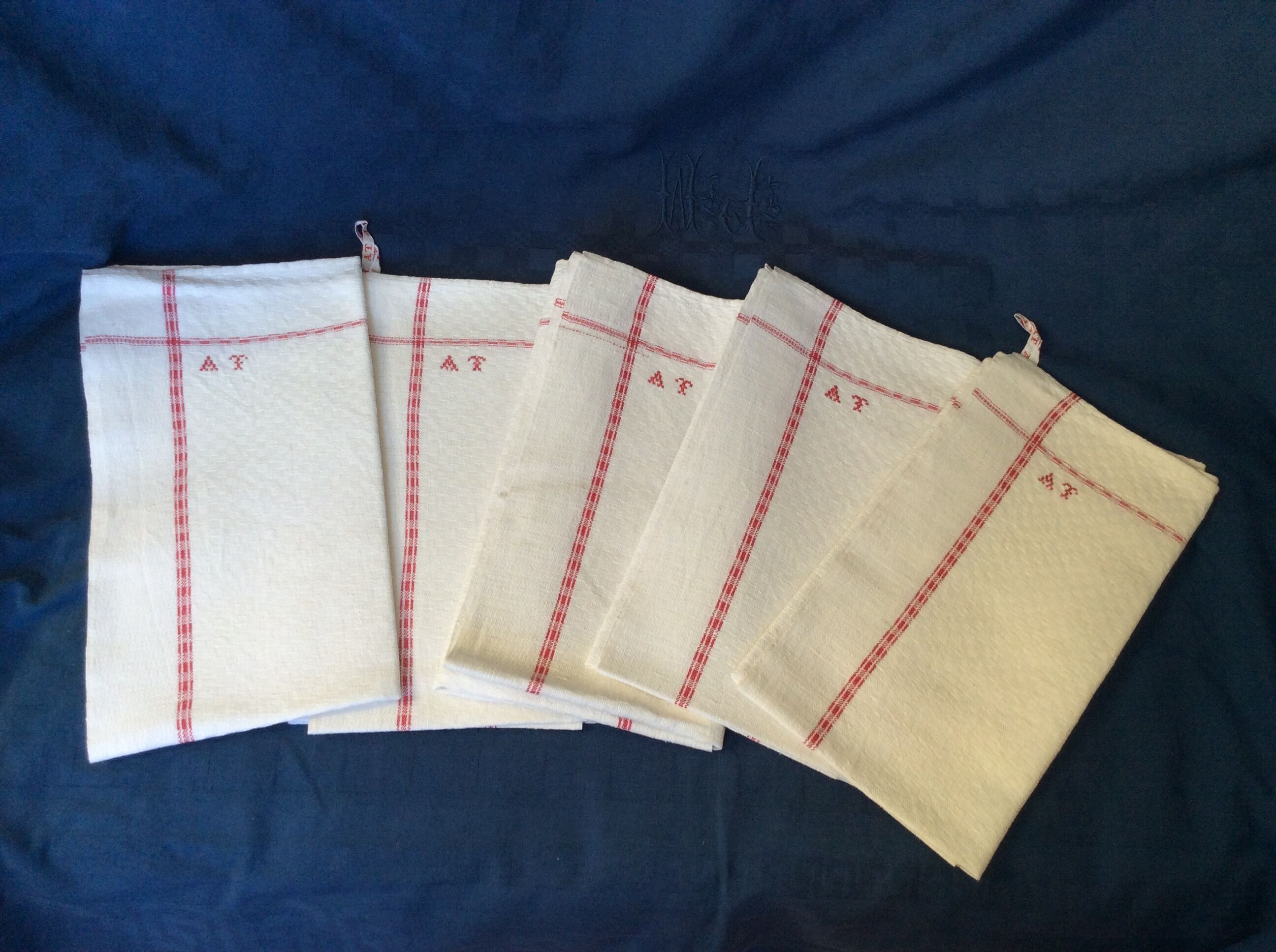 5 old tea towels, red monogram, vintage kitchen