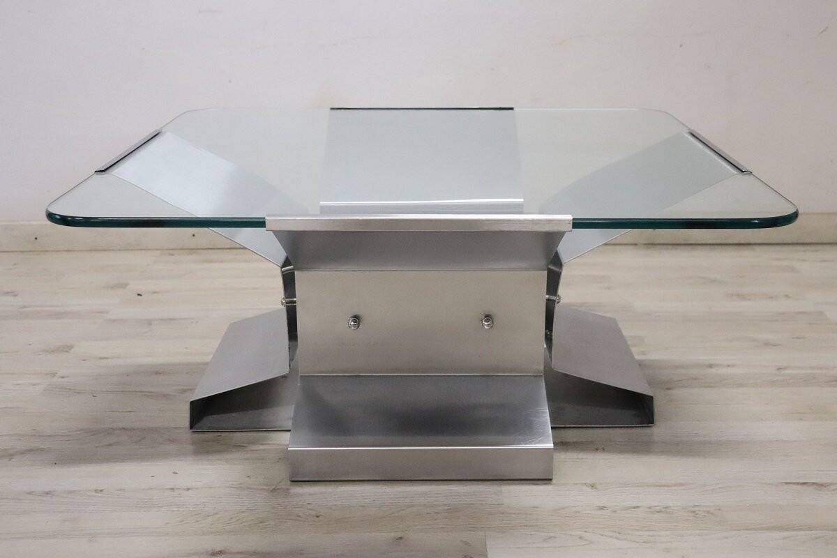 Square Coffee Table In Steel And Glass, Italy 1970s