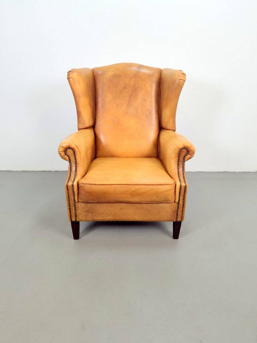 Vintage Sheepskin Leather Wing-Back Chair, 1970s