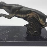 Pair of bookends, greyhounds in babbitt on black marble, Art Deco early 20th century