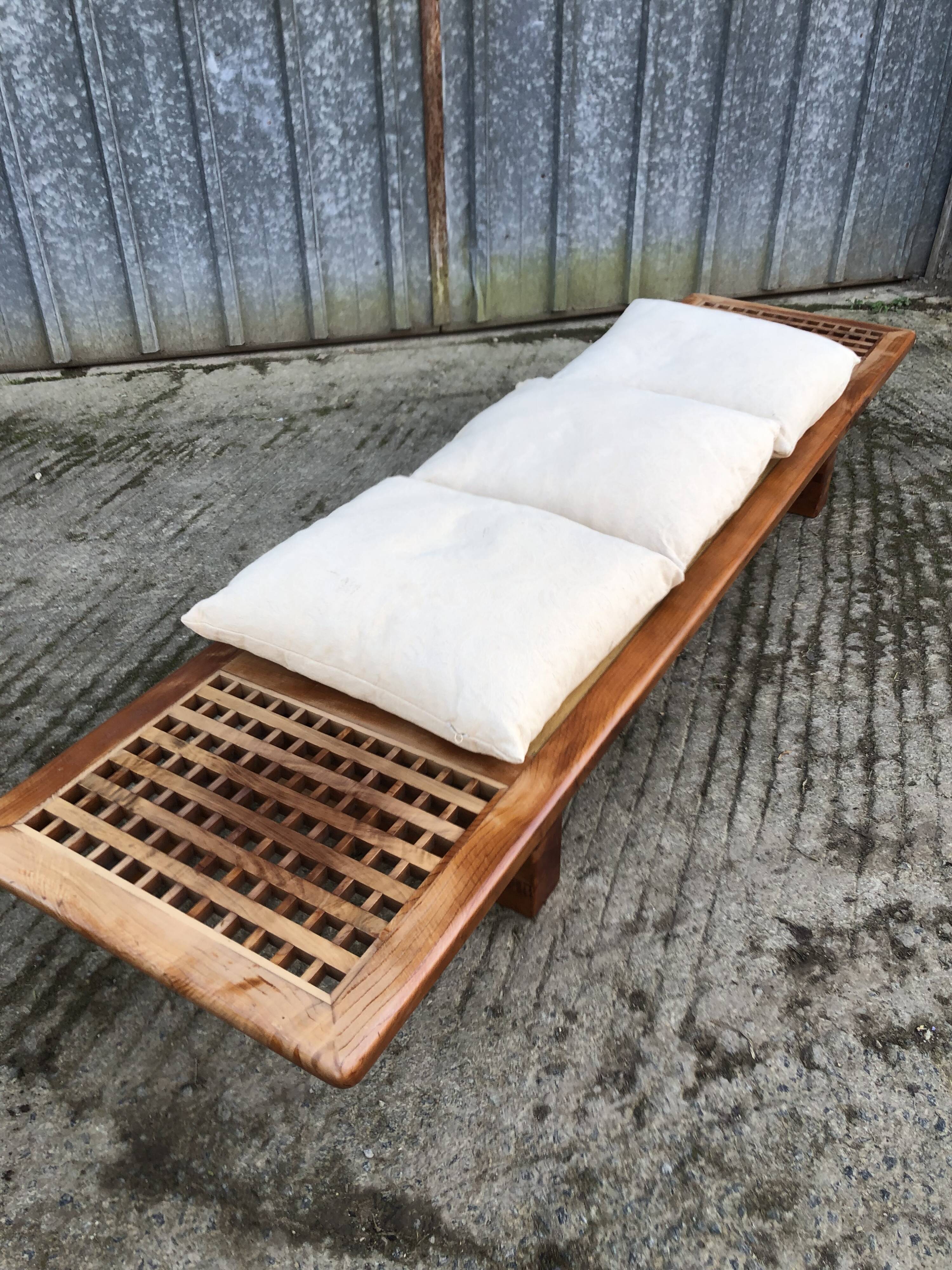 Vintage Yew Wood Bench with 3 Cushions