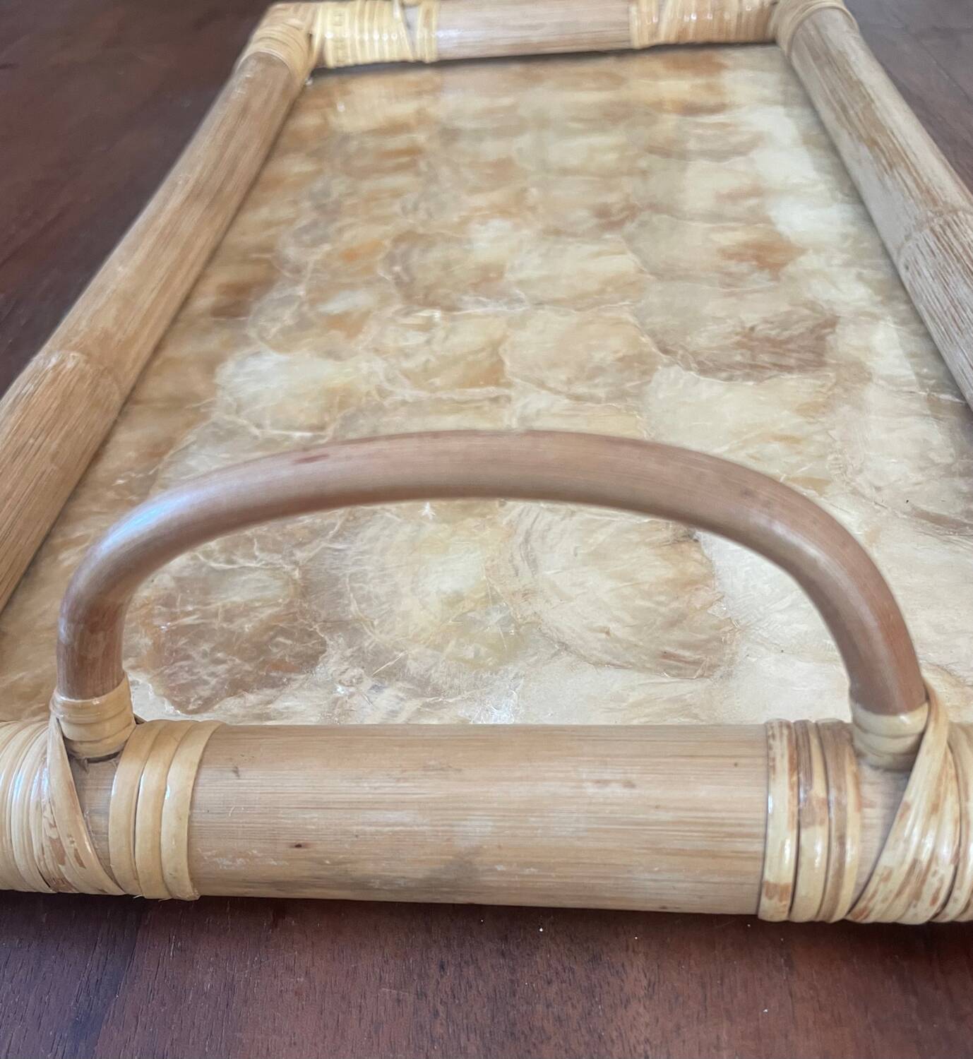 Vintage mother-of-pearl and rattan tray