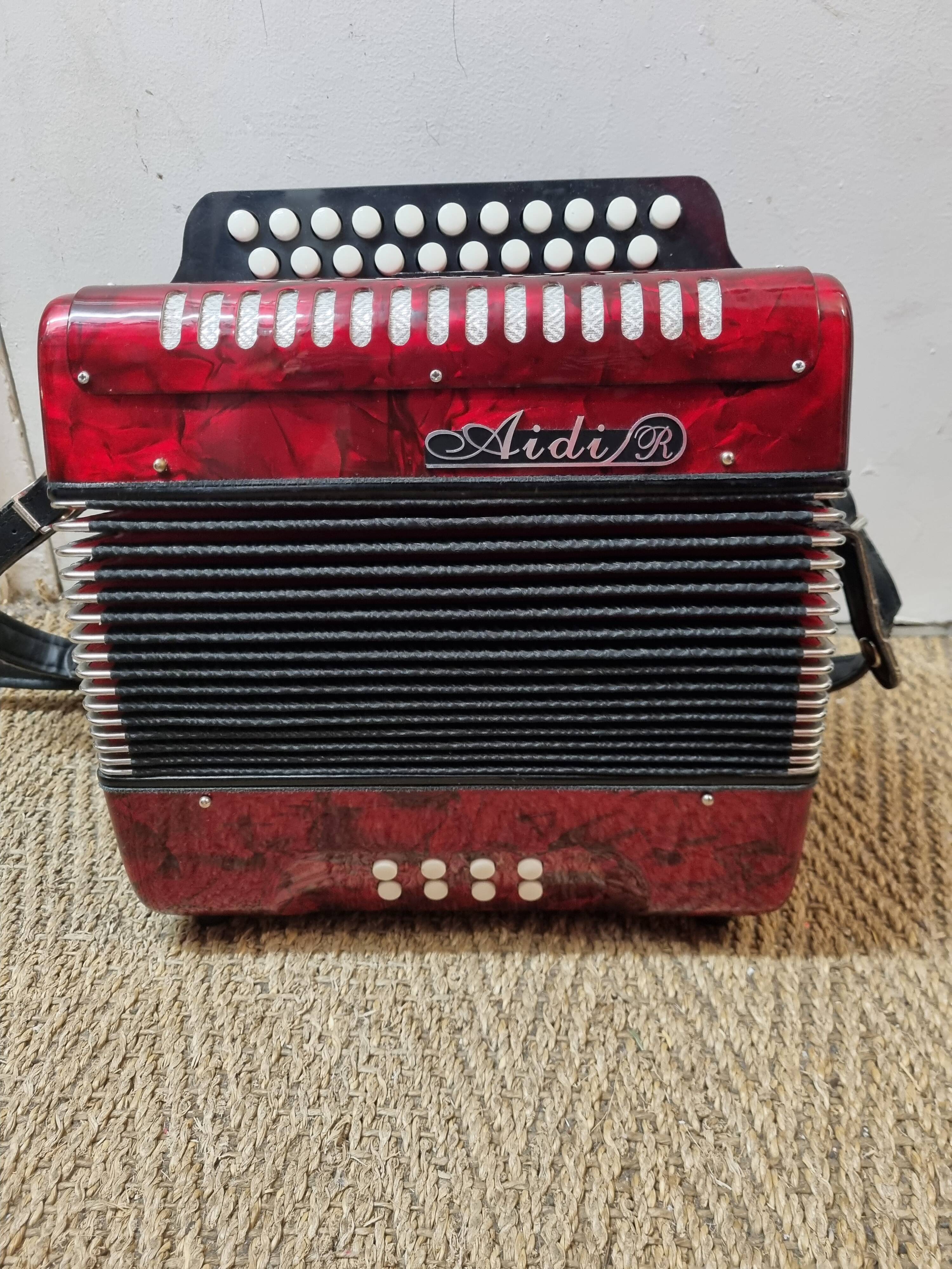 Red Aidi R accordion in his suitcase
