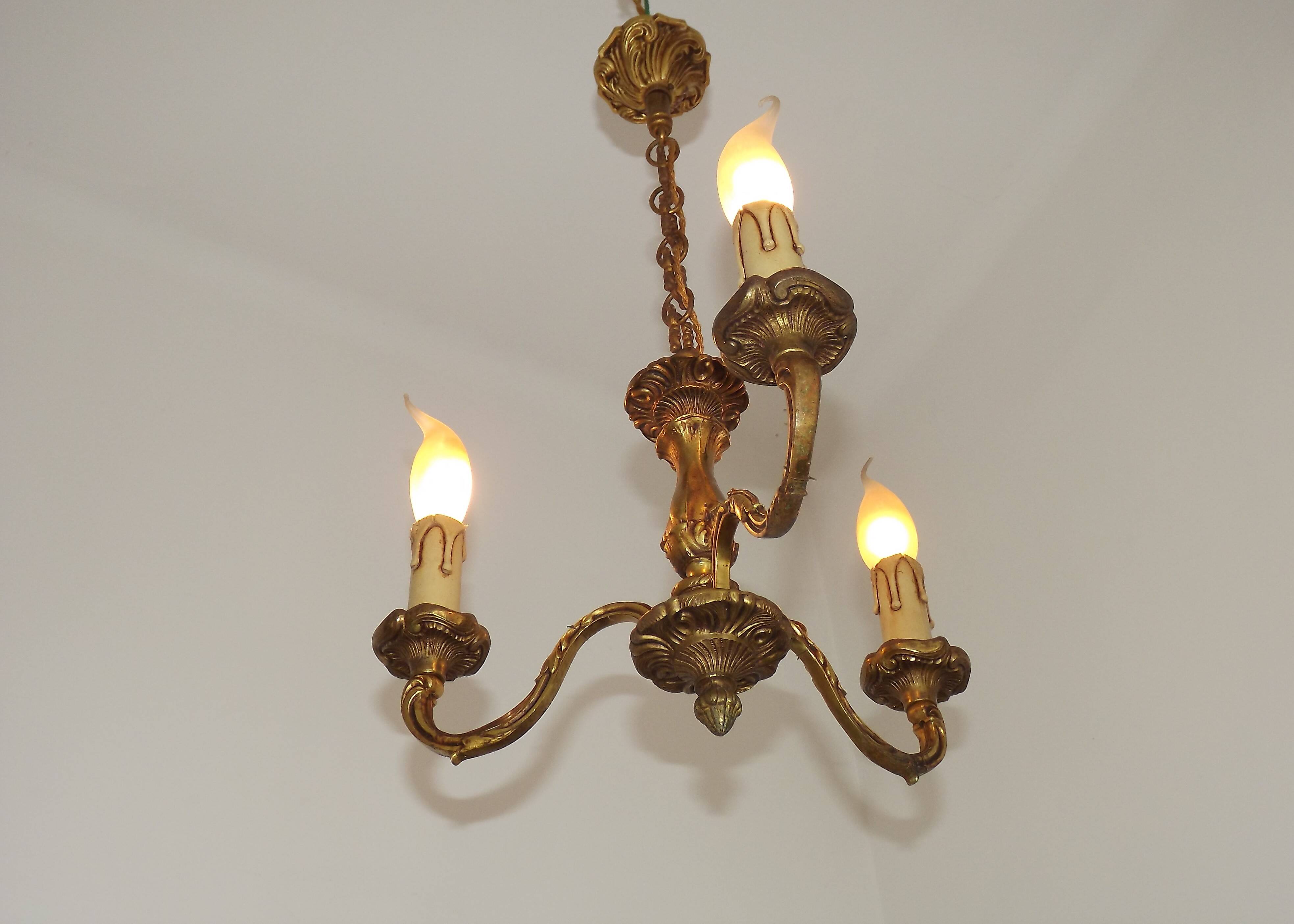 French Antique Art Nouveau Style 3-Light Quality Bronze Chandelier