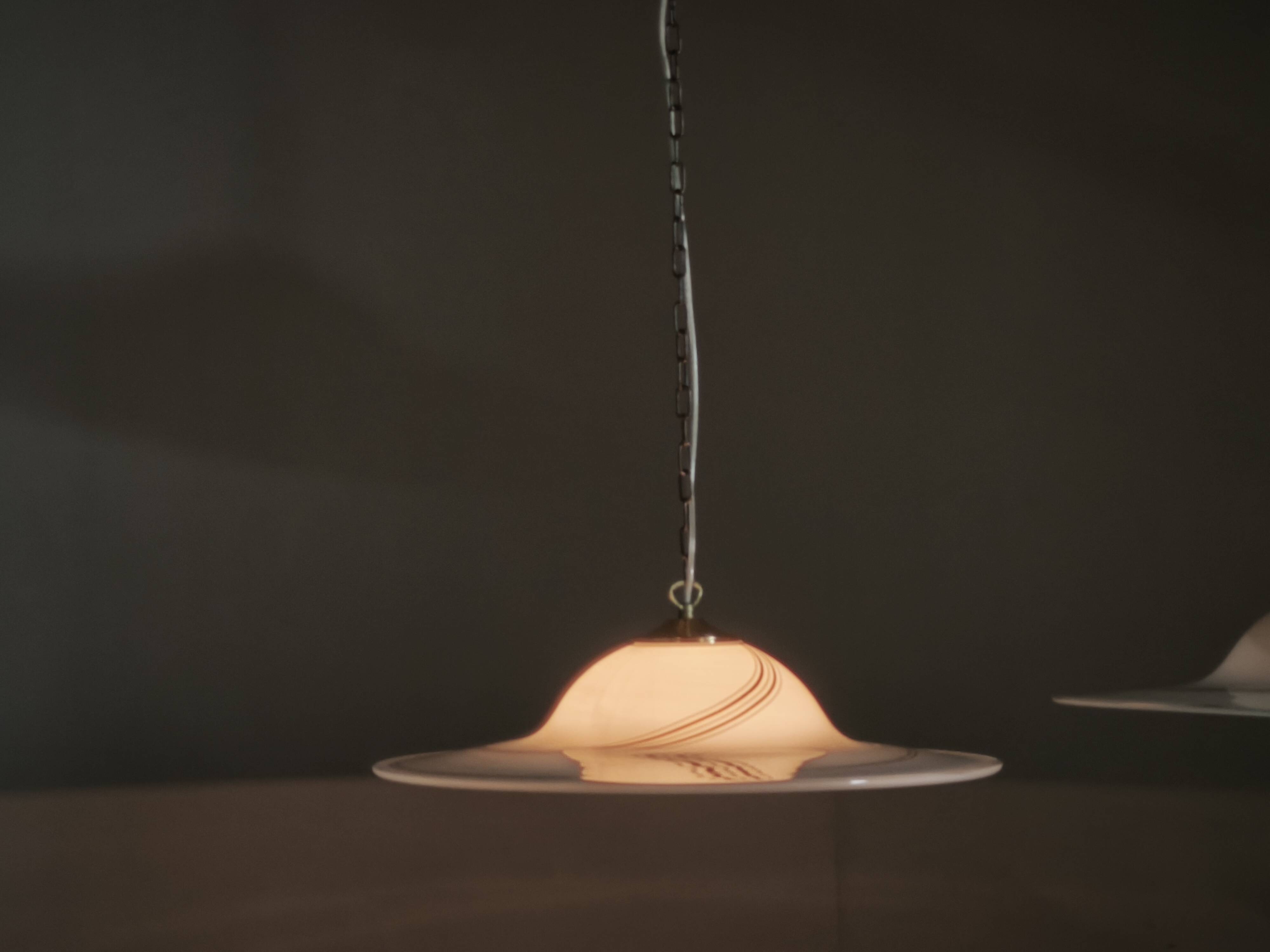 Pair of 1970s Italian Murano Opaline Glass and Brass Pendant Lights