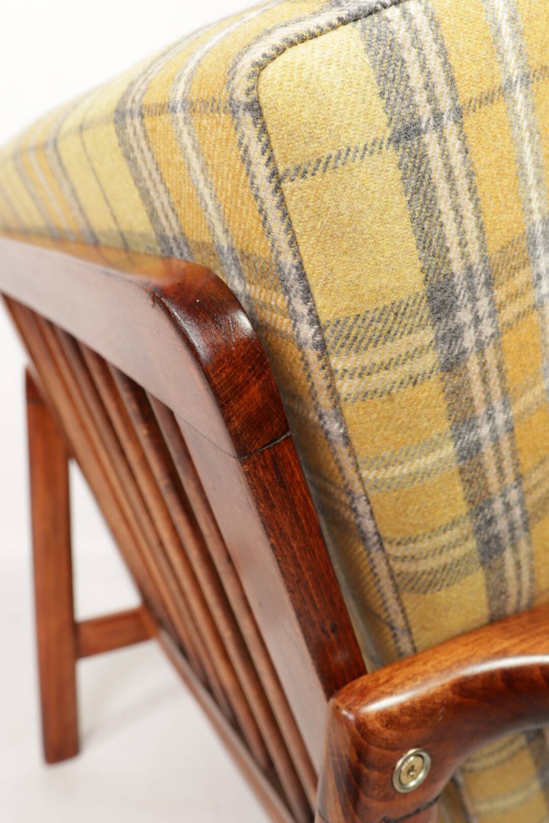 Fauteuil vintage Mid Century Design avec coussins en laine tartan jaune, Pologne, 1960
