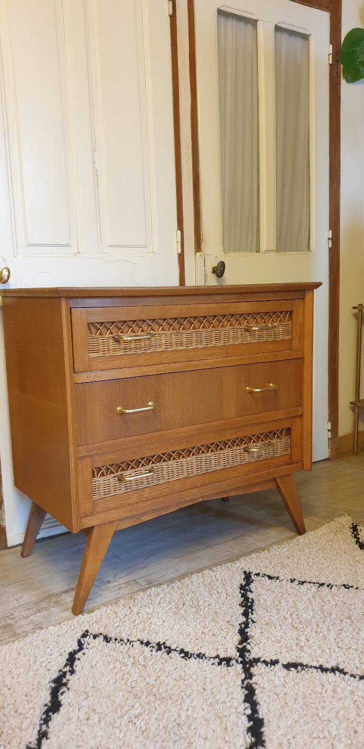 Wood and rattan chest of drawers