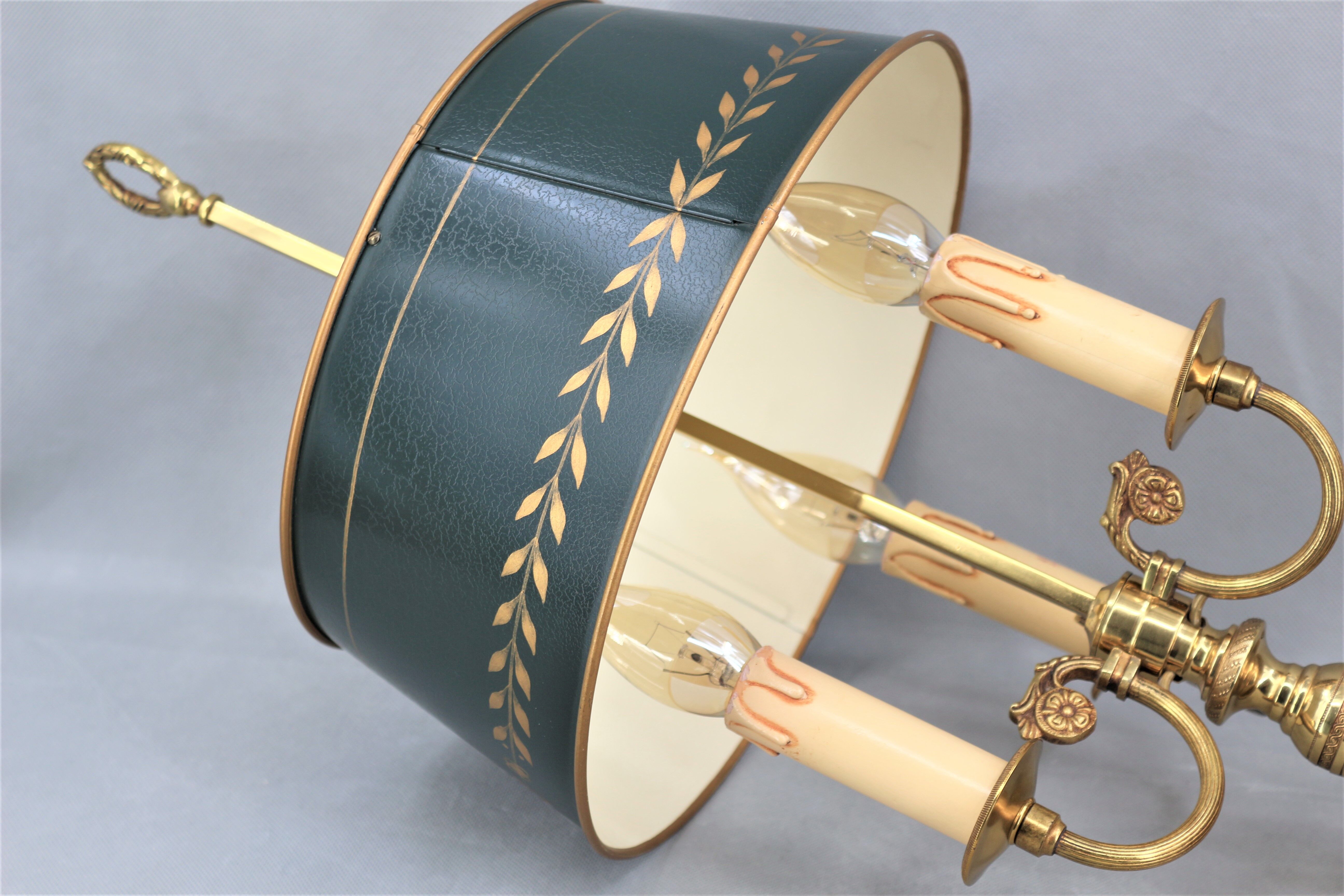 Louis XVI style bronze hot water bottle lamp, Three lights, Lampshade painted in cracked green