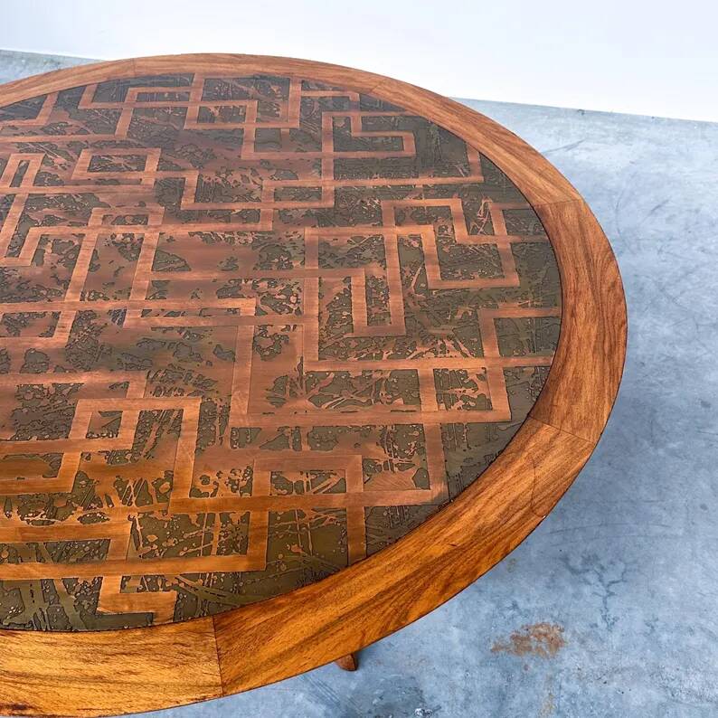 Vintage Wooden Coffee Table with Engraved Brass Top – 1970s
