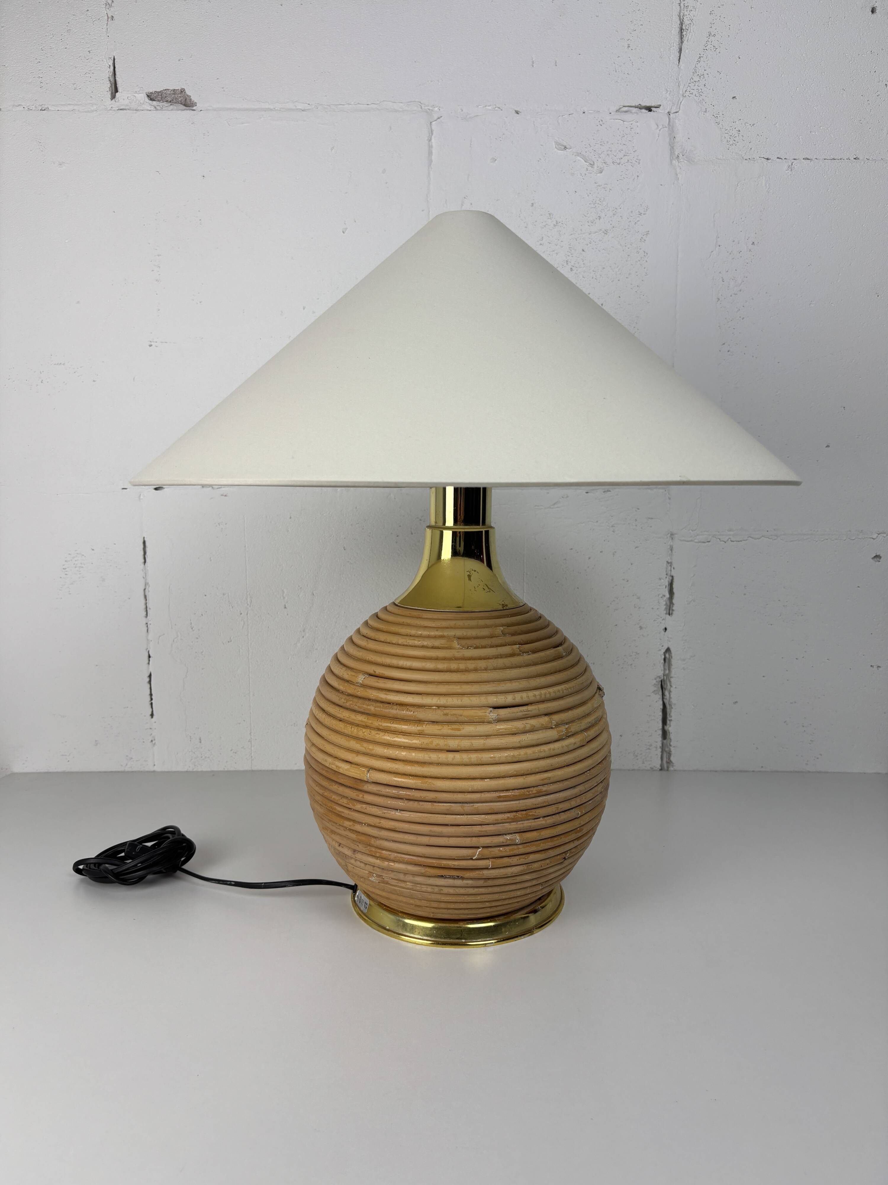 Large midcentury pencil reed rattan bamboo and brass table lamp Italy 1970s