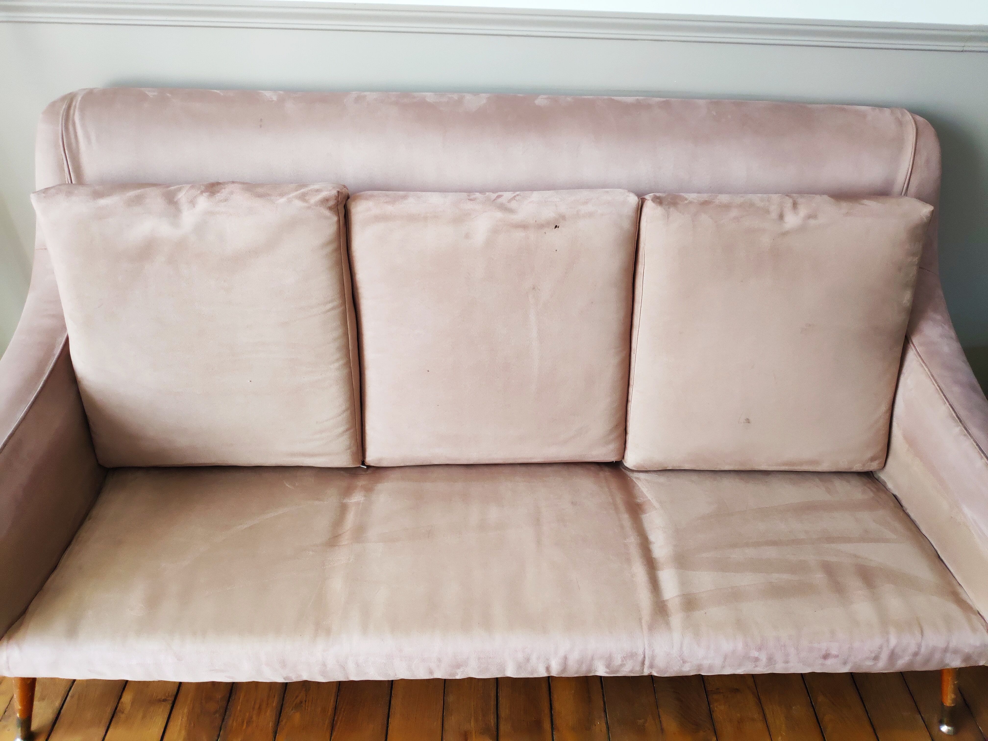 Vintage pink velvet bench sofa, 1960
