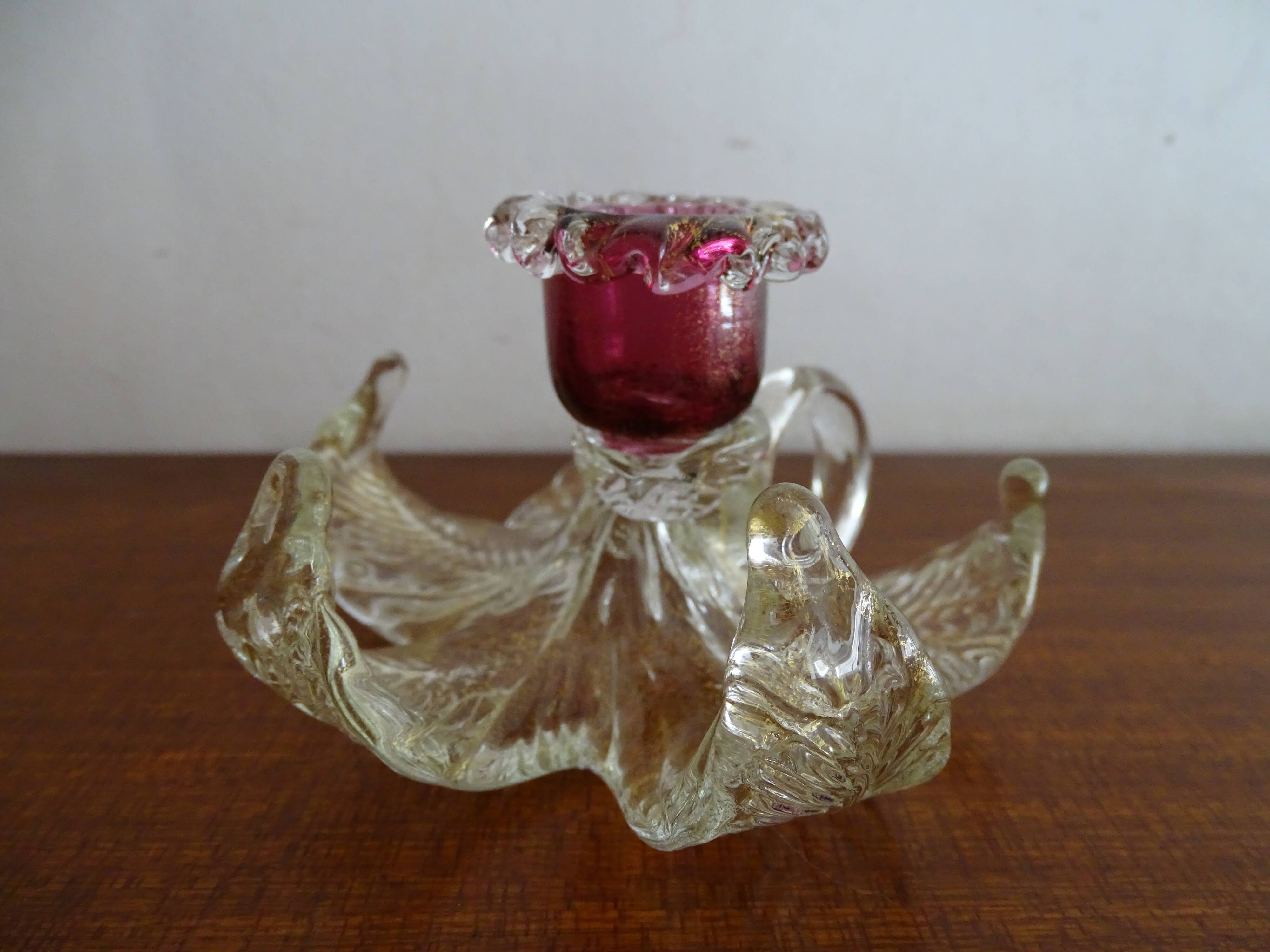 Bougeoir fleur verre  Murano poudre d'or