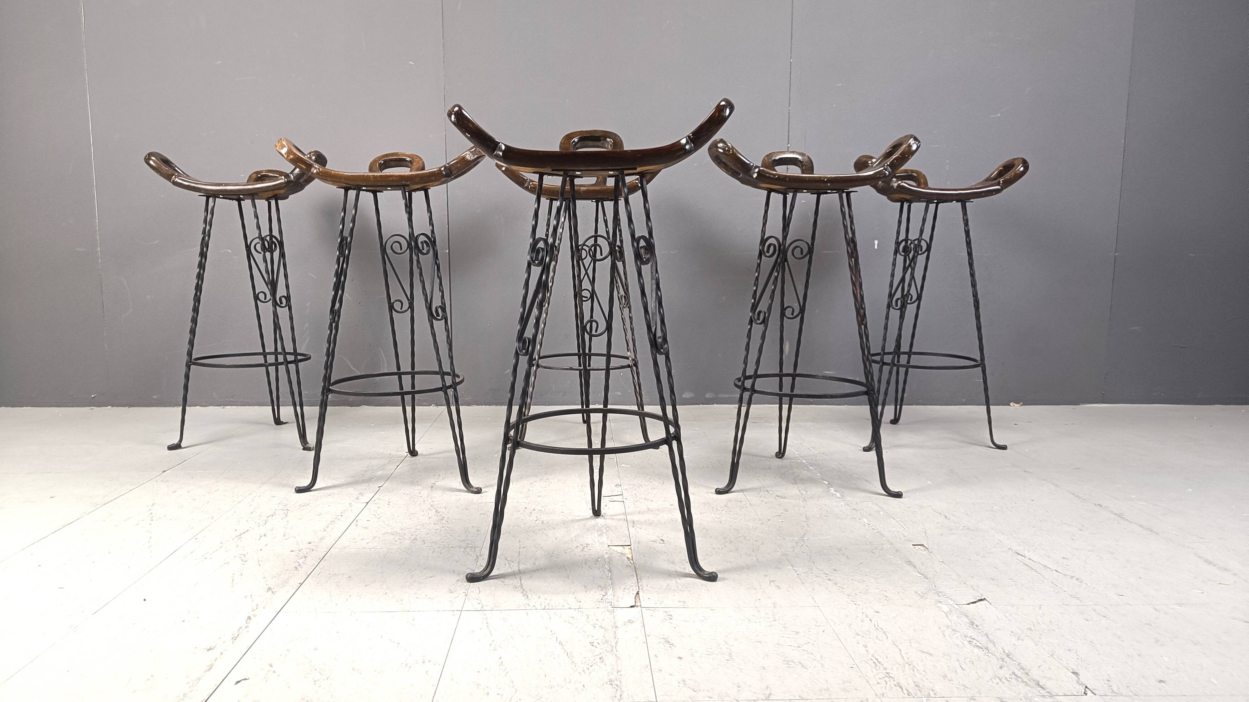 Vintage spanish wrought iron bar stools, 1960s - set of 6