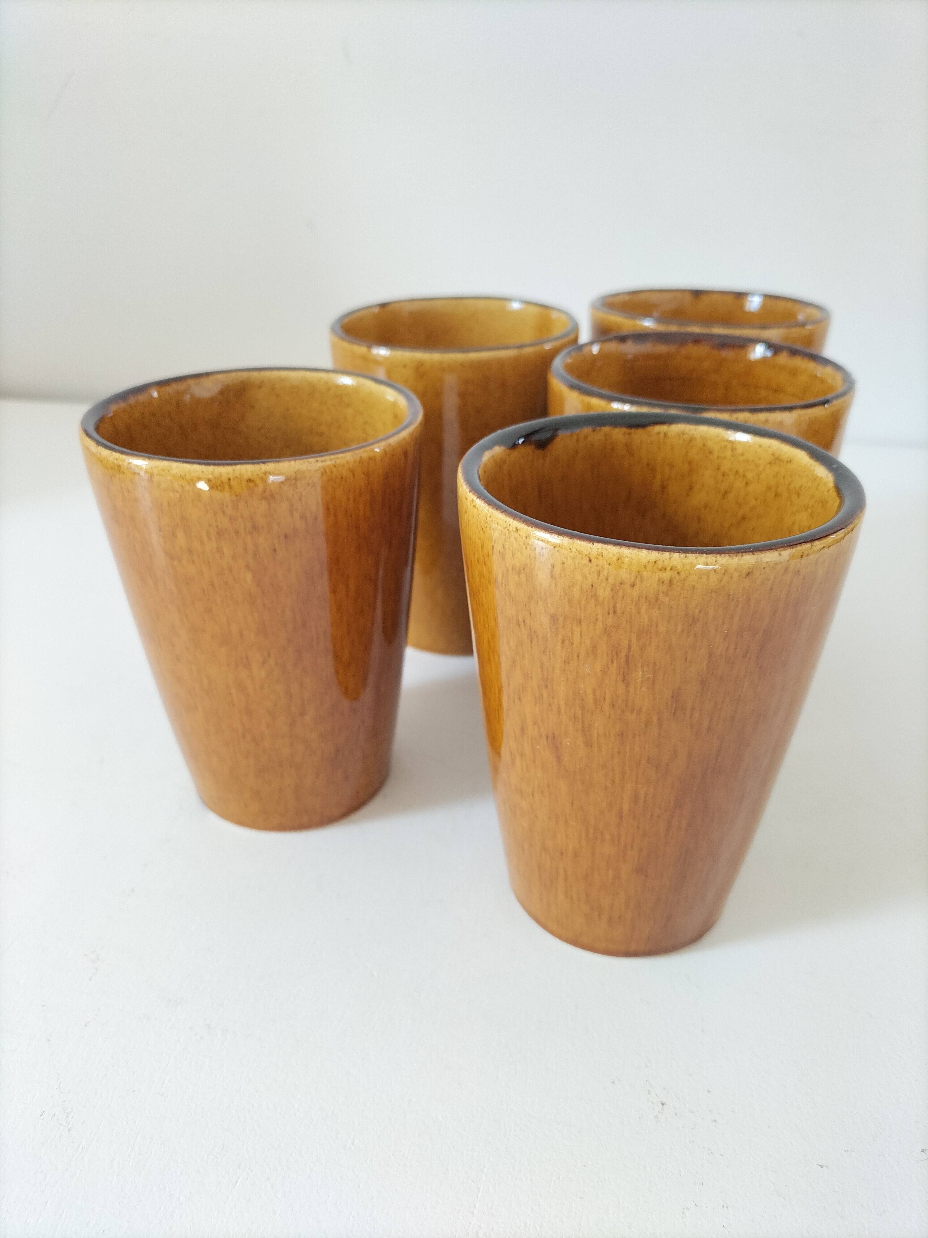5 vintage caramel glazed stoneware cups, 70s crafts