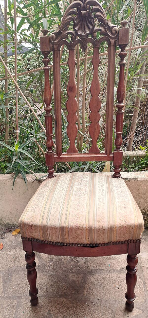 Chaise de Nourrice Napoléon III en  bois foncé vernissé assise tissu rayé 1