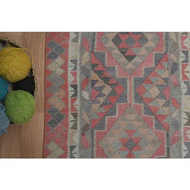 1970s Vintage Turkish Handmade Wool & Cotton Pink Runner Rug