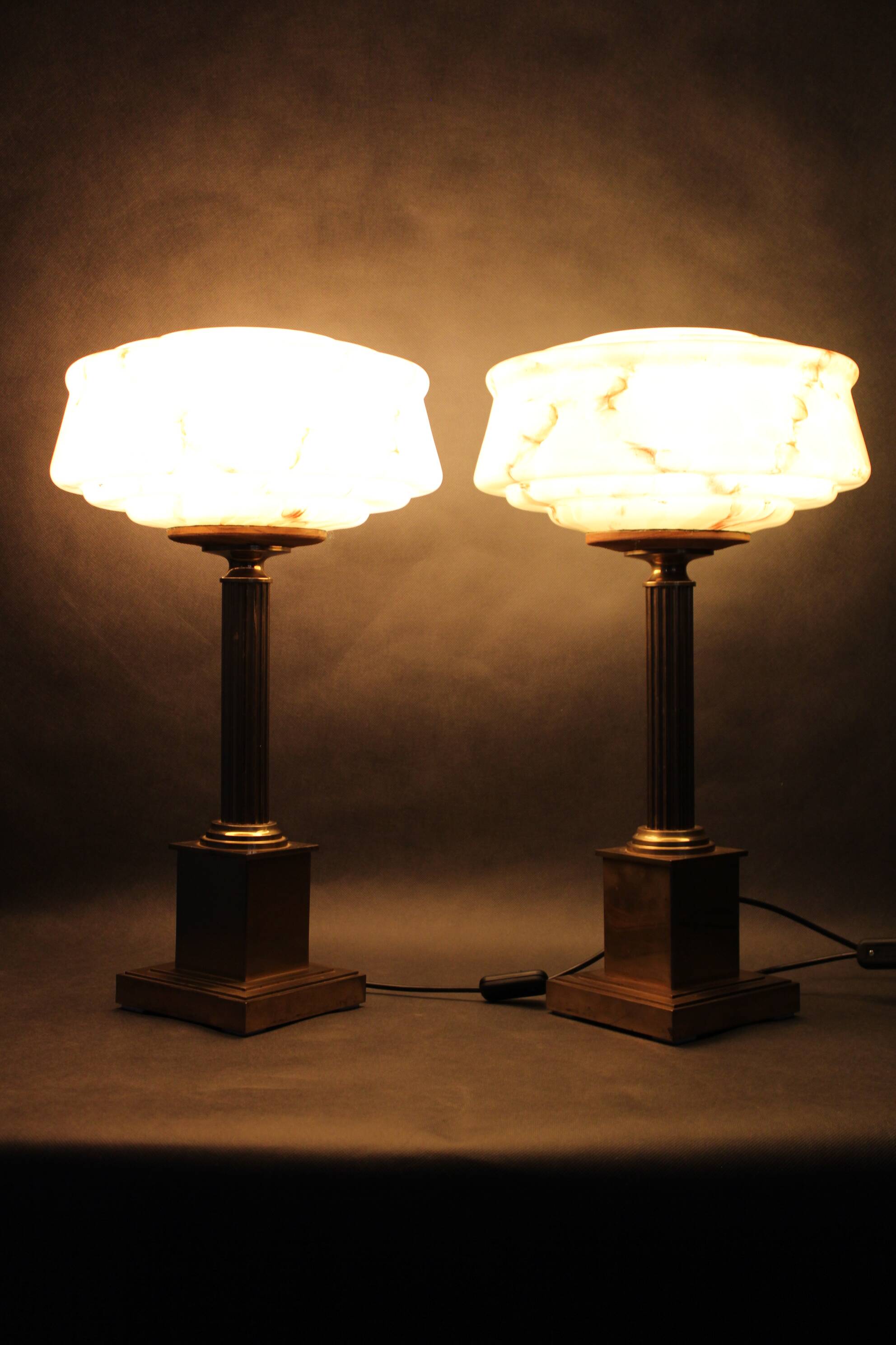 1940s Pair of Italian Restored Brass Table Lamps with Glass Shades