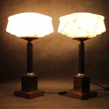 1940s Pair of Italian Restored Brass Table Lamps with Glass Shades
