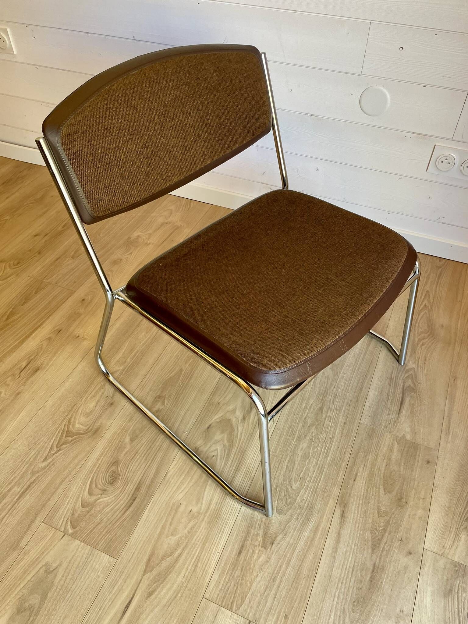 6 chrome sled armchairs Soudexvinyl brown vintage Skaï 70s